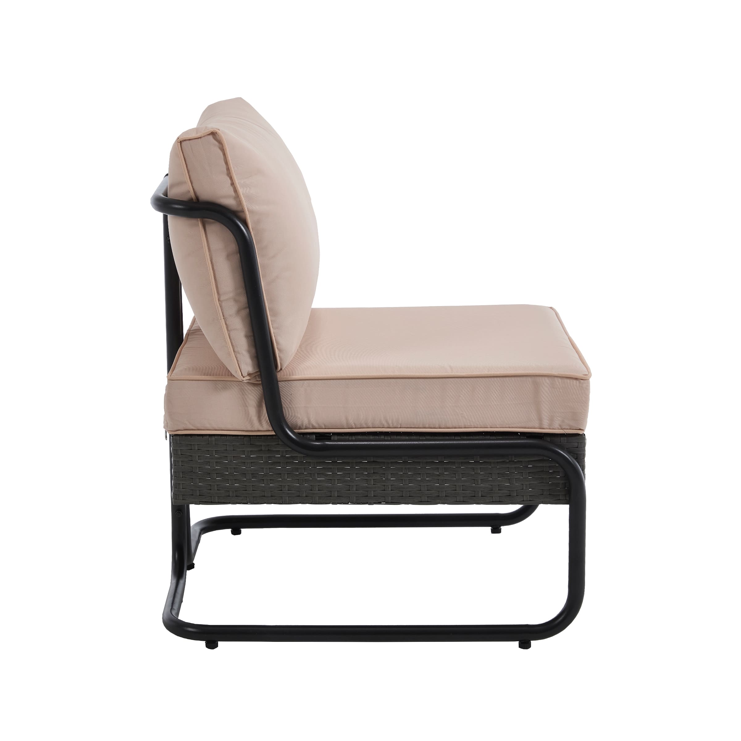 Side view of outdoor chair with beige cushion