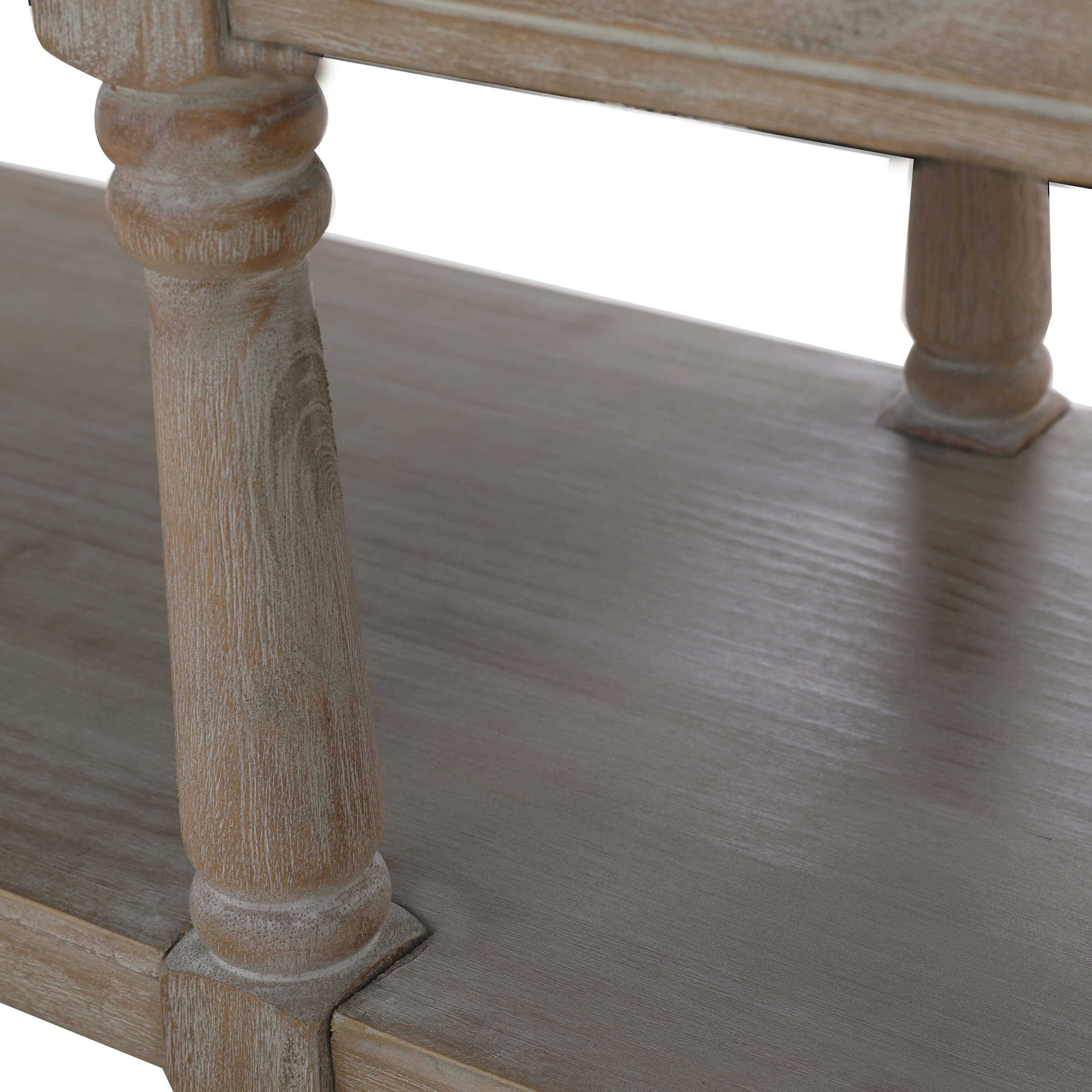 Wooden leg and shelf detail on bench