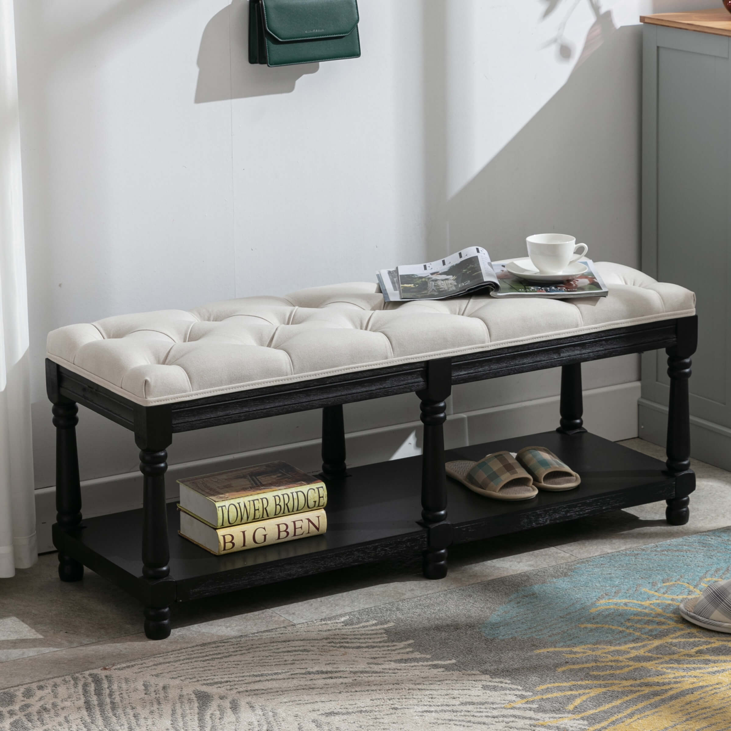 Bench with black legs in a modern room