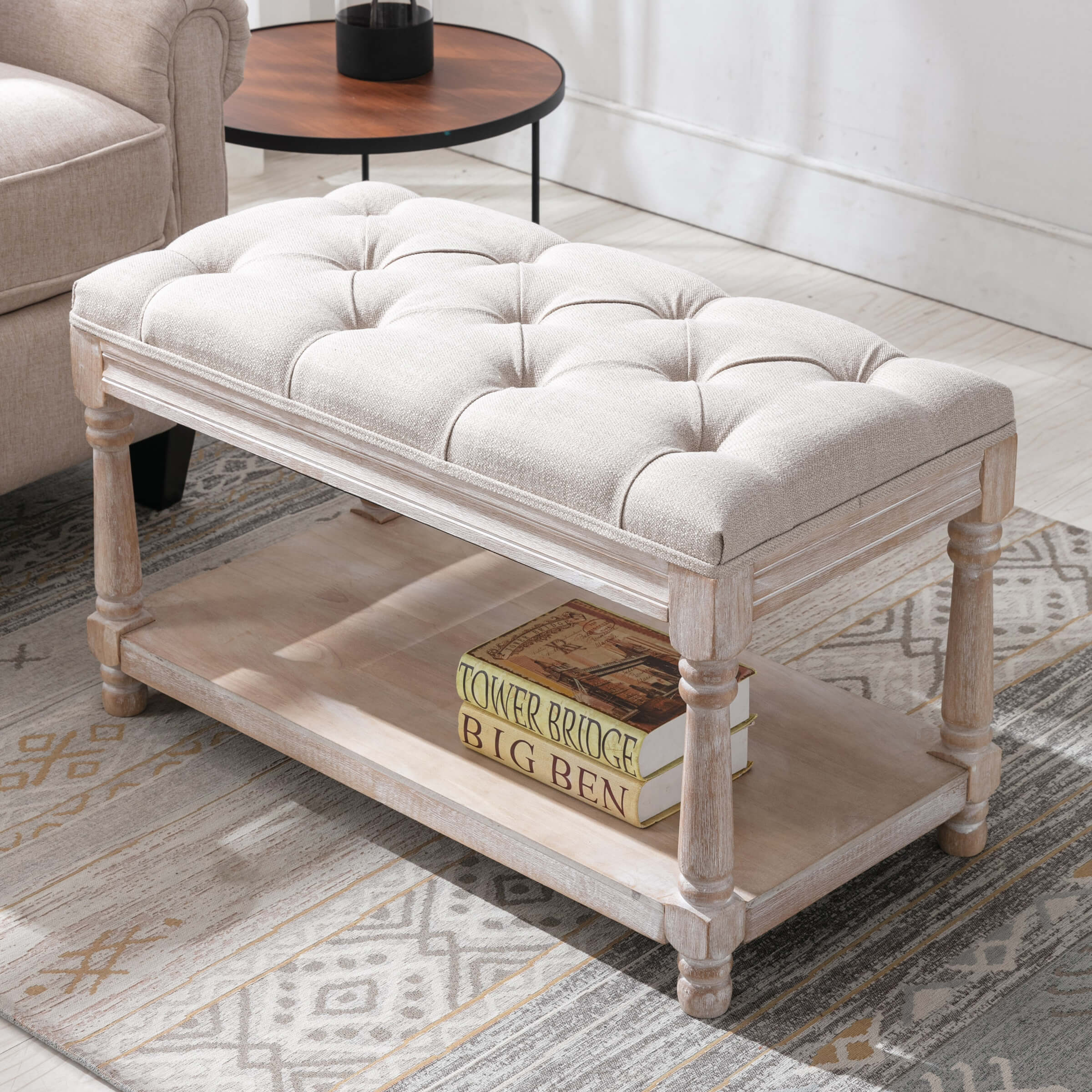 Light wood tufted bench with lower shelf in living room