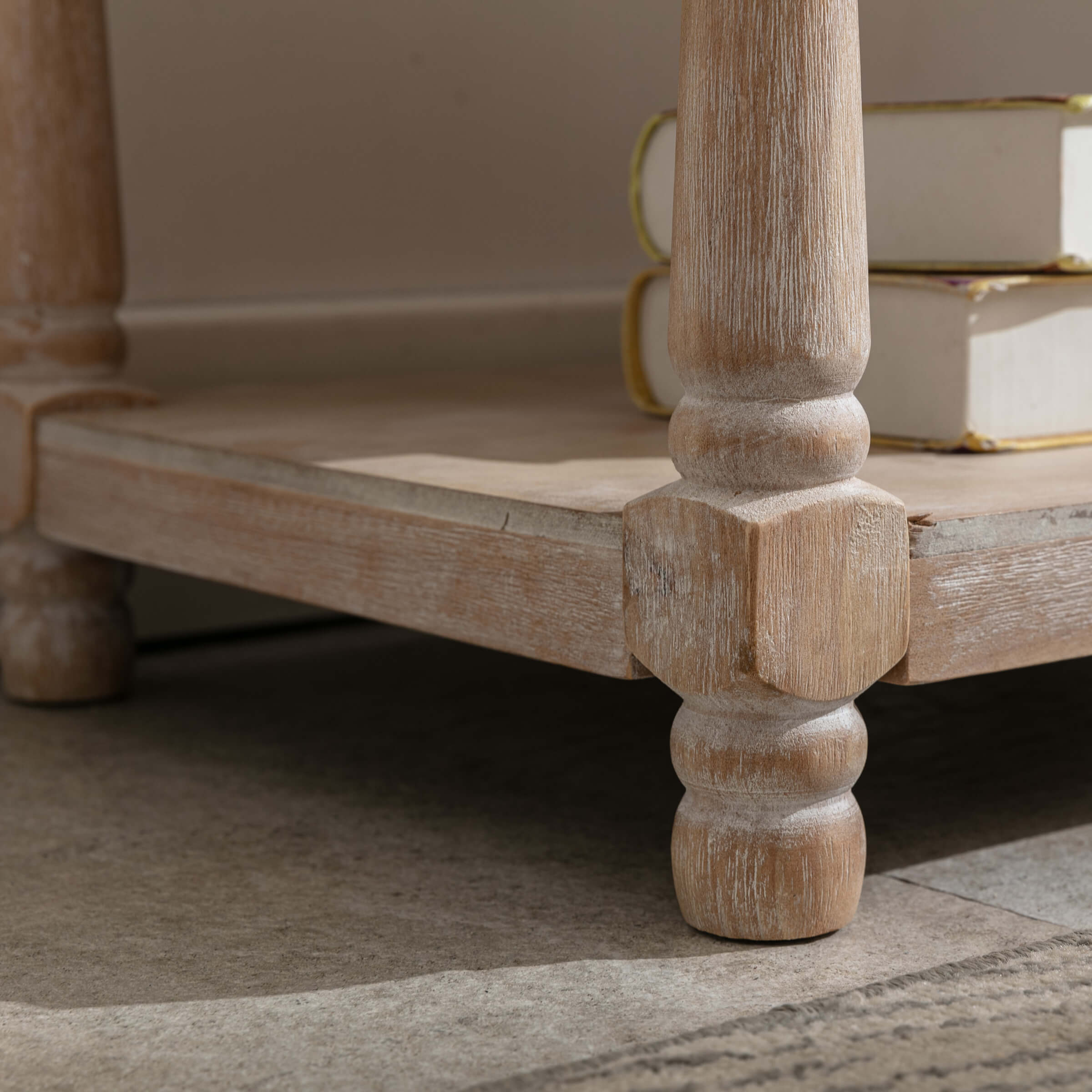 Leg and corner detail of bench with shelf