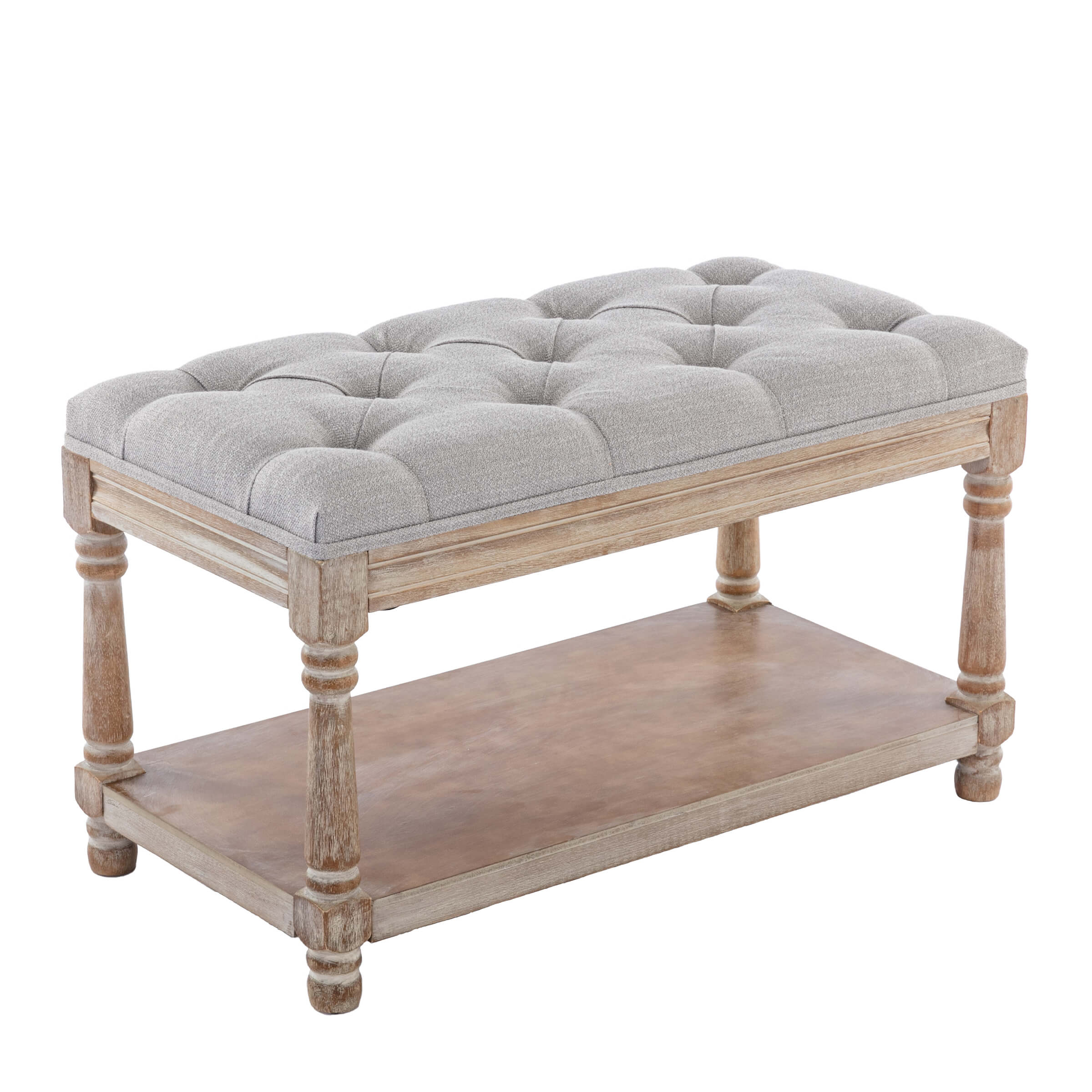 Tufted bench with lower shelf on white background