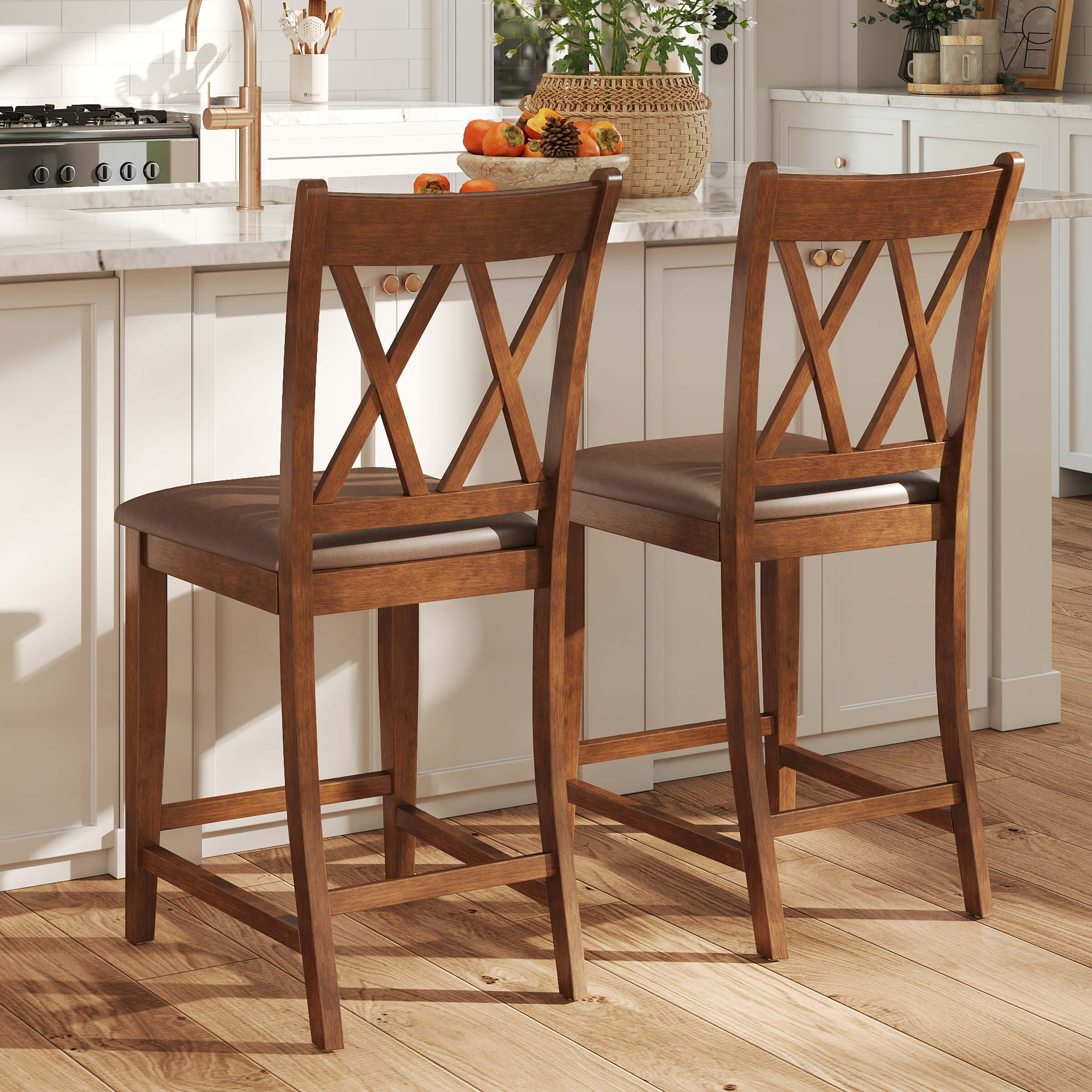 Janoray Farmhouse Cross-Back Wood Counter Stools Set of 2 - 50015CS