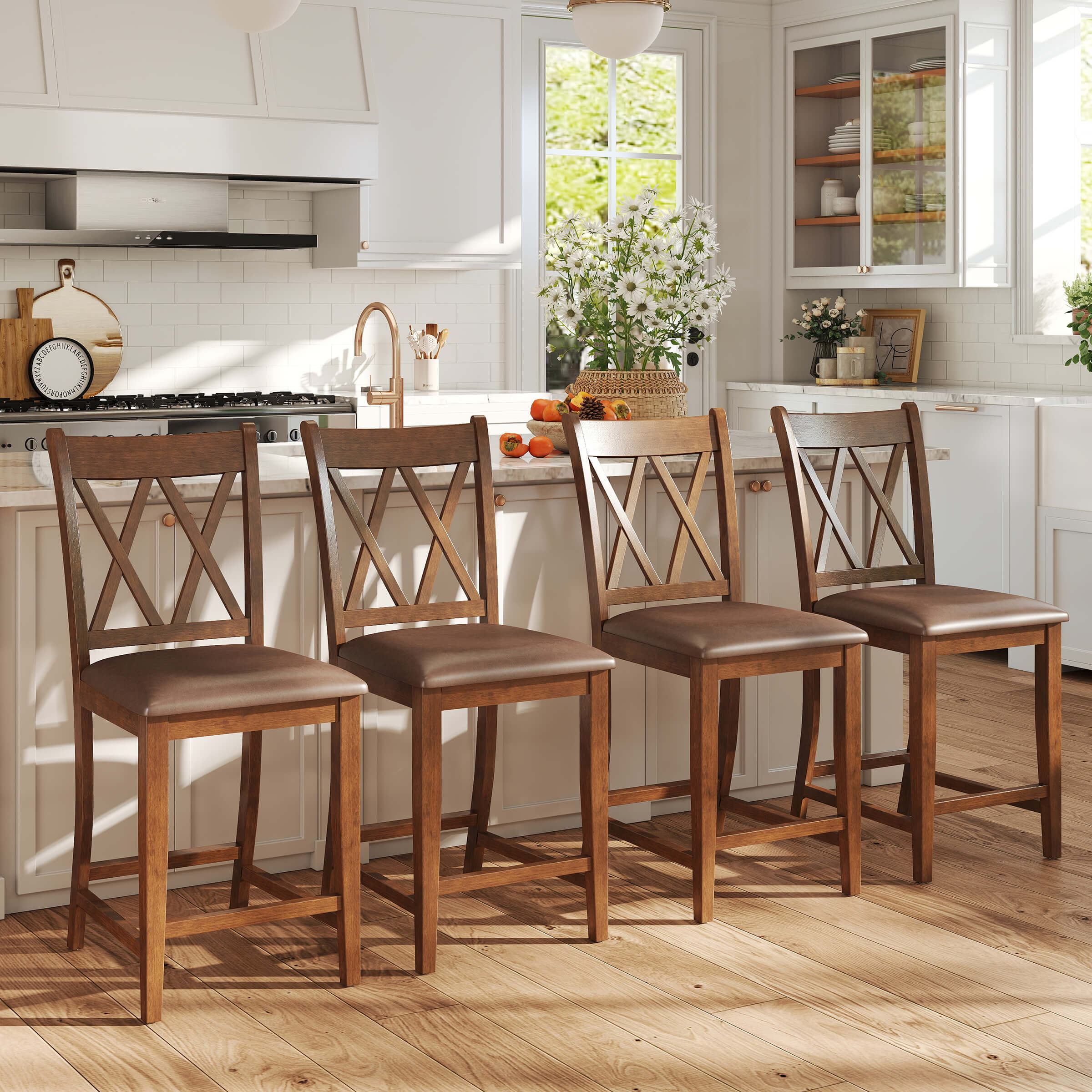 Janoray Farmhouse Cross-Back Wood Counter Stools Set of 2 - 50015CS