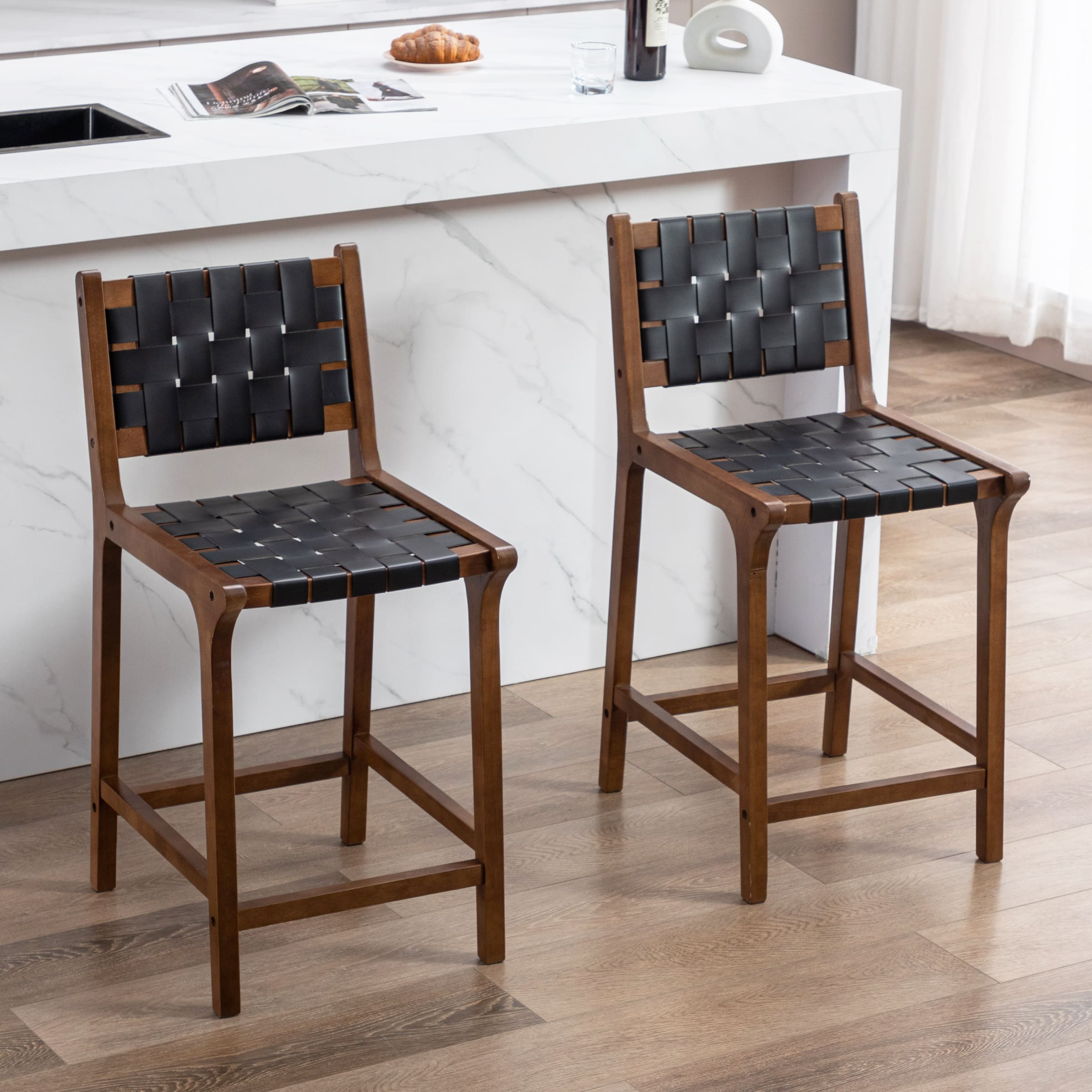 Janoray Leather Woven Strap Seat Counter Stools Set of 2 - 5703CS