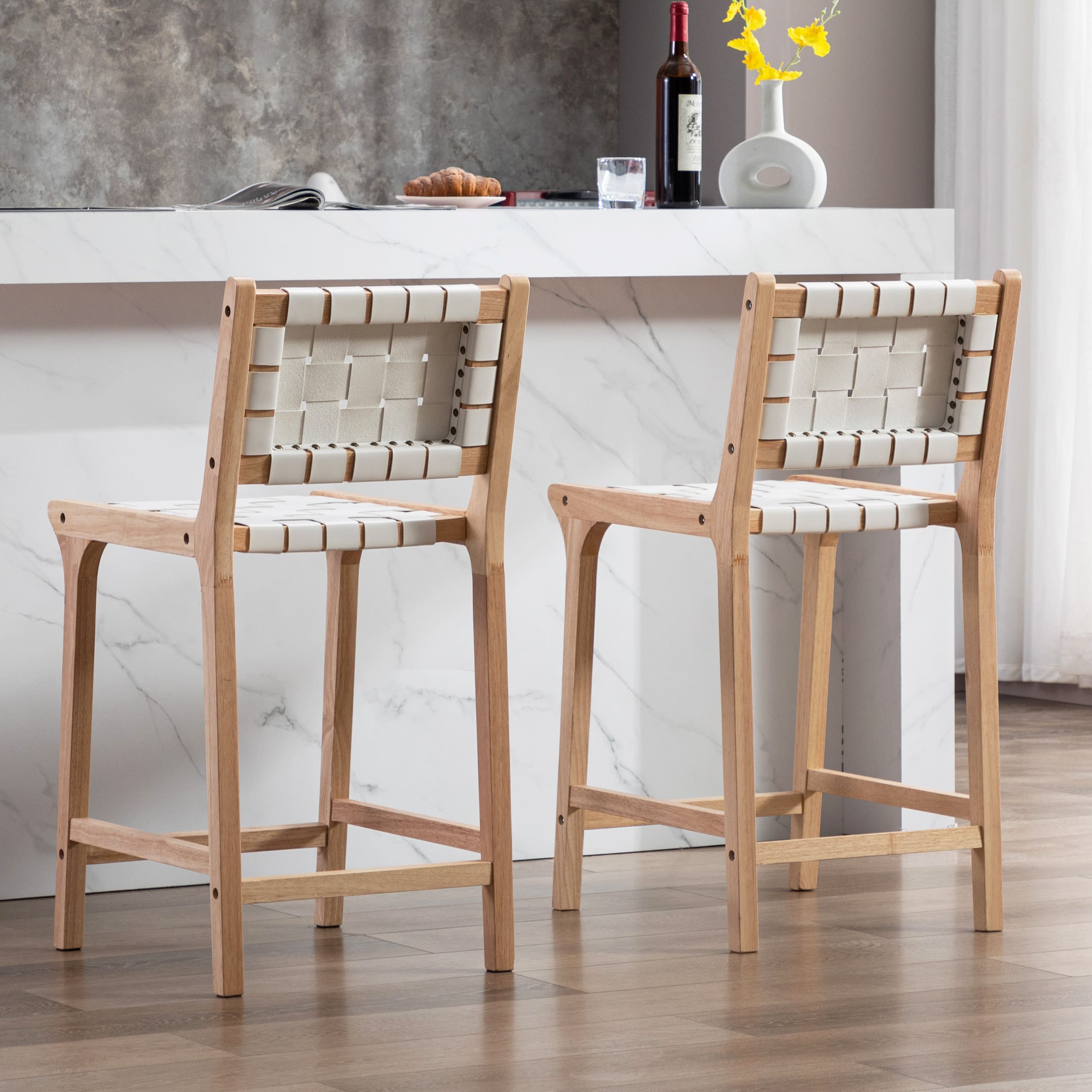 Janoray Leather Woven Strap Seat Counter Stools Set of 2 - 5703CS