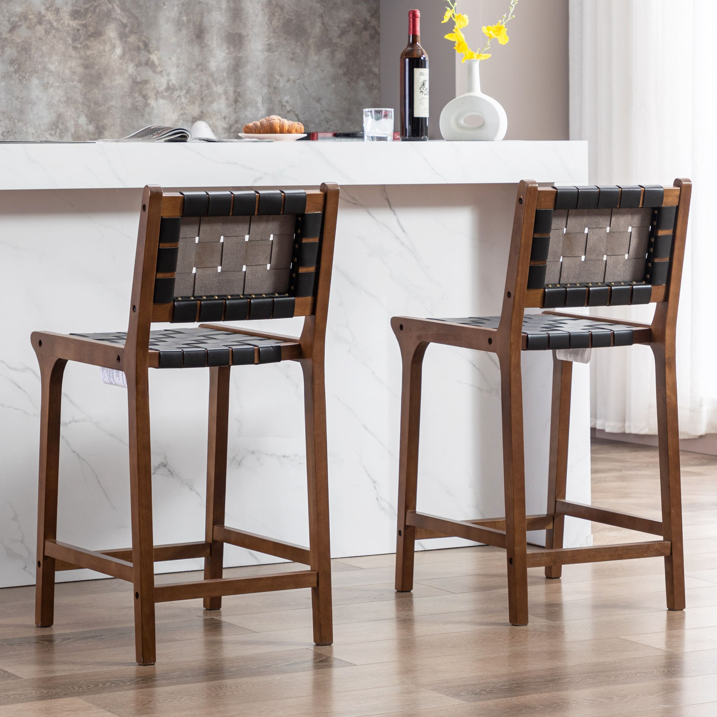 Janoray Leather Woven Strap Seat Counter Stools Set of 2 - 5703CS