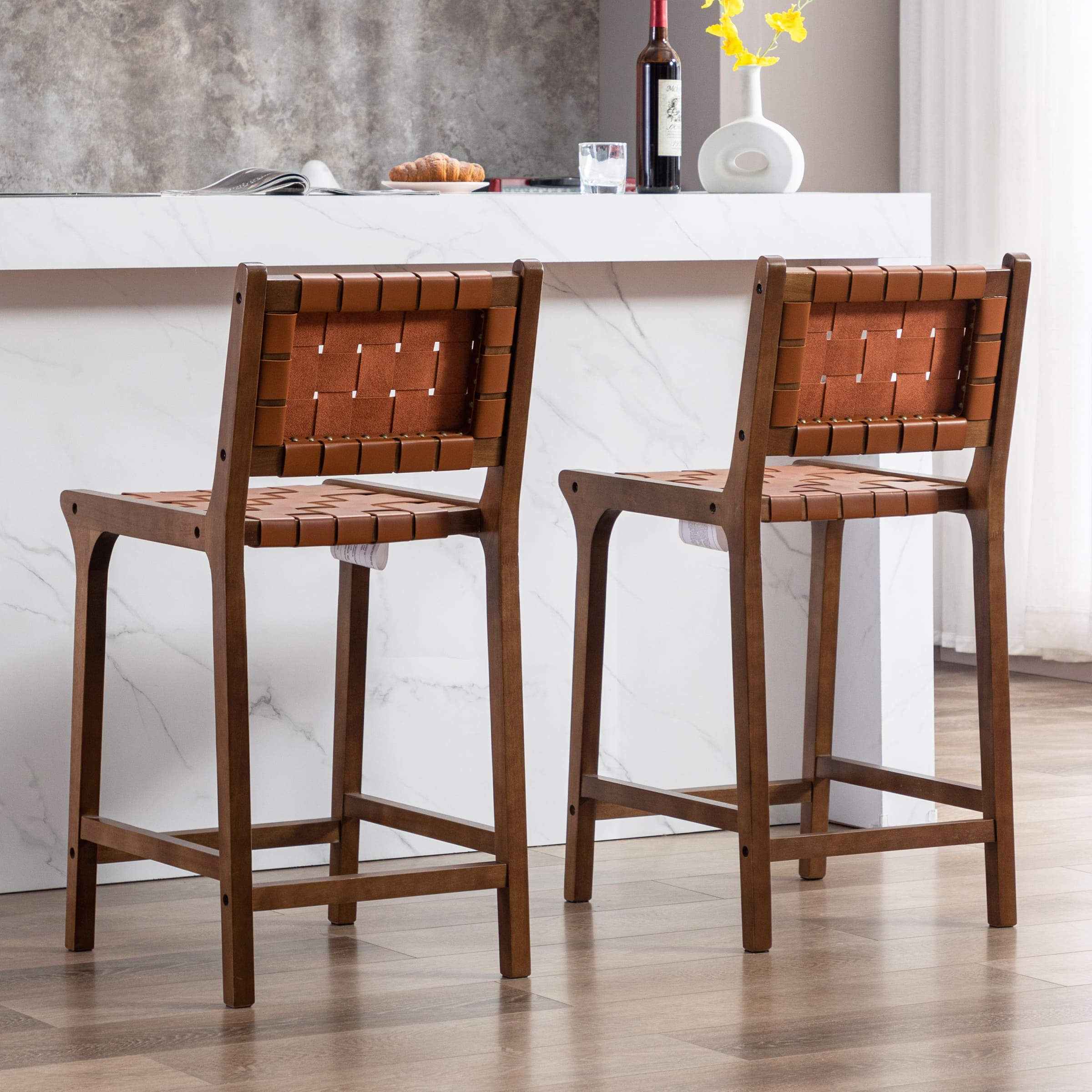 Janoray Leather Woven Strap Seat Counter Stools Set of 2 - 5703CS