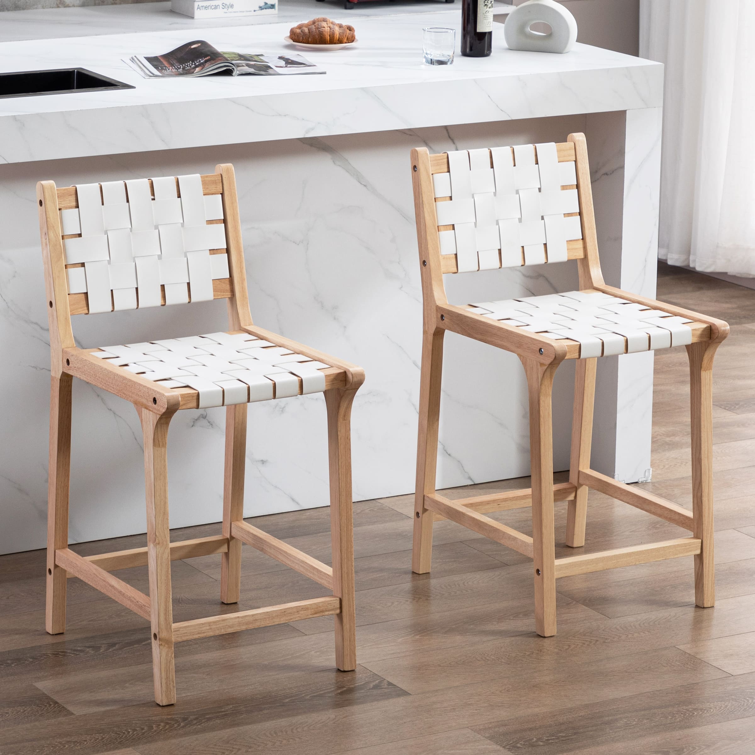 Janoray Leather Woven Strap Seat Counter Stools Set of 2 - 5703CS