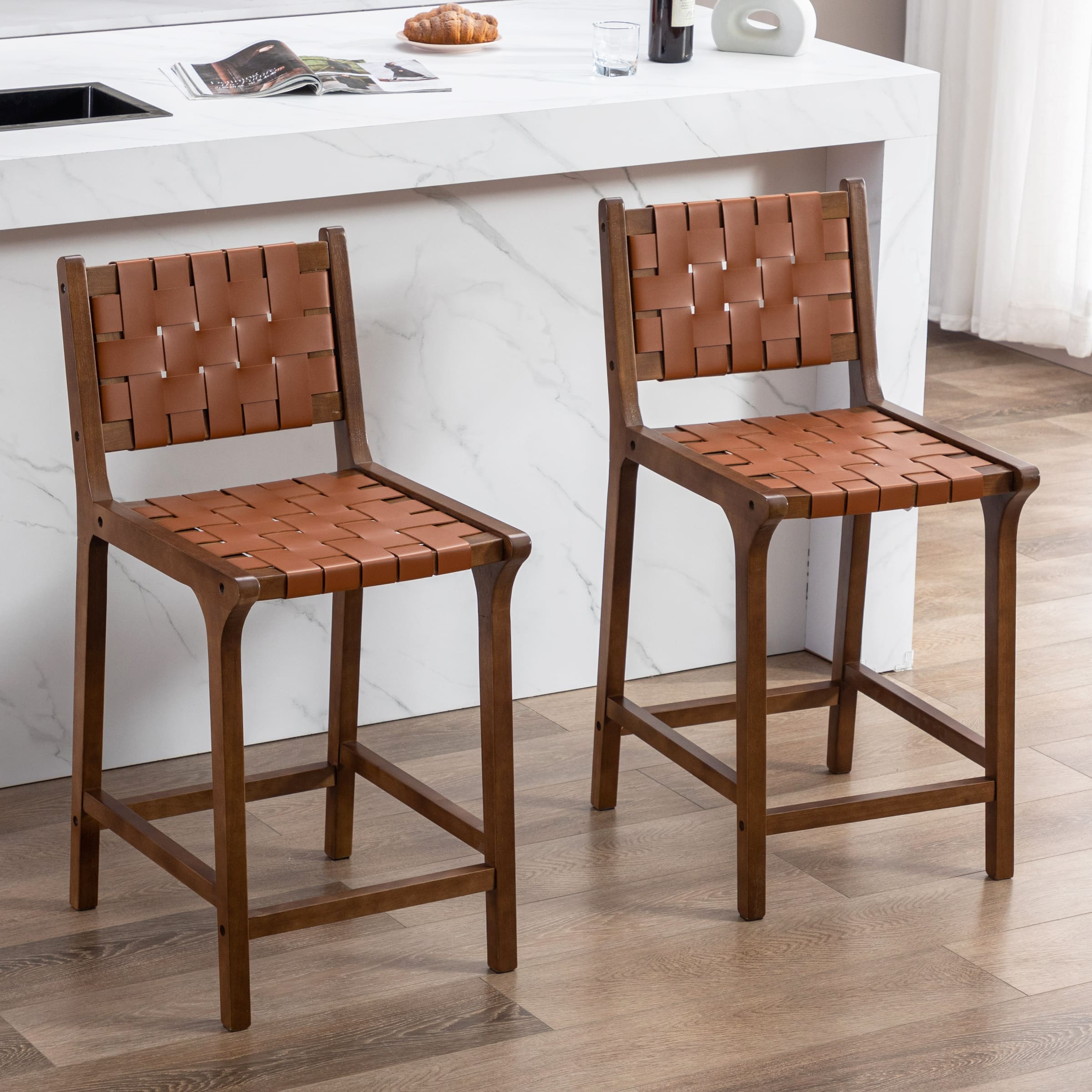 Janoray Leather Woven Strap Seat Counter Stools Set of 2 - 5703CS