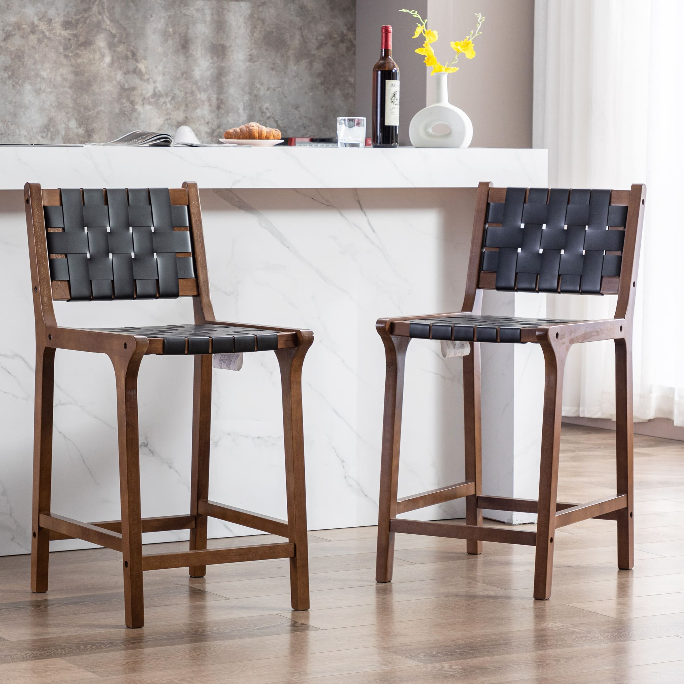 Janoray Leather Woven Strap Seat Counter Stools Set of 2 - 5703CS