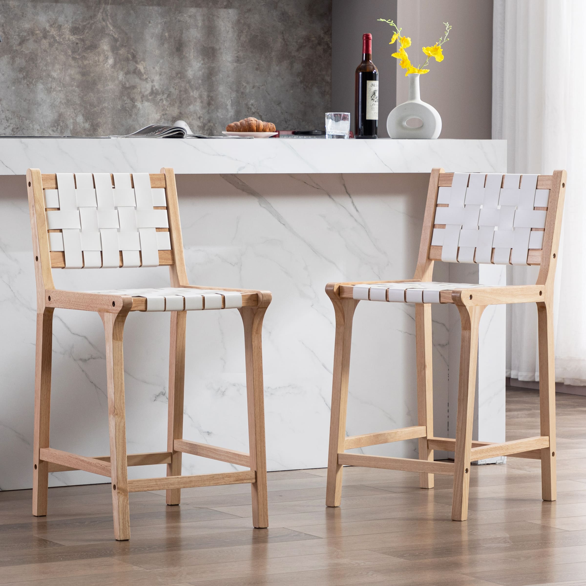 Janoray Leather Woven Strap Seat Counter Stools Set of 2 - 5703CS