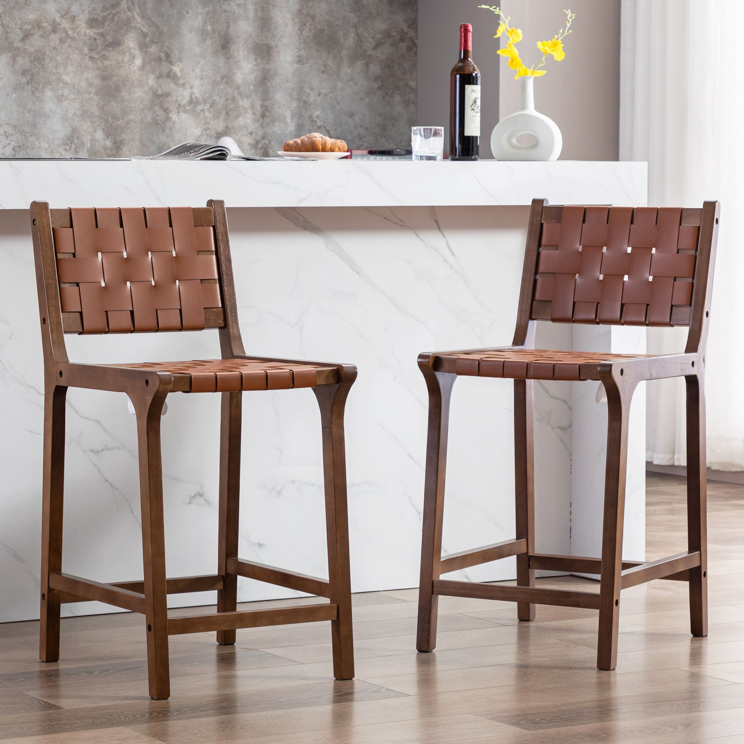 Janoray Leather Woven Strap Seat Counter Stools Set of 2 - 5703CS