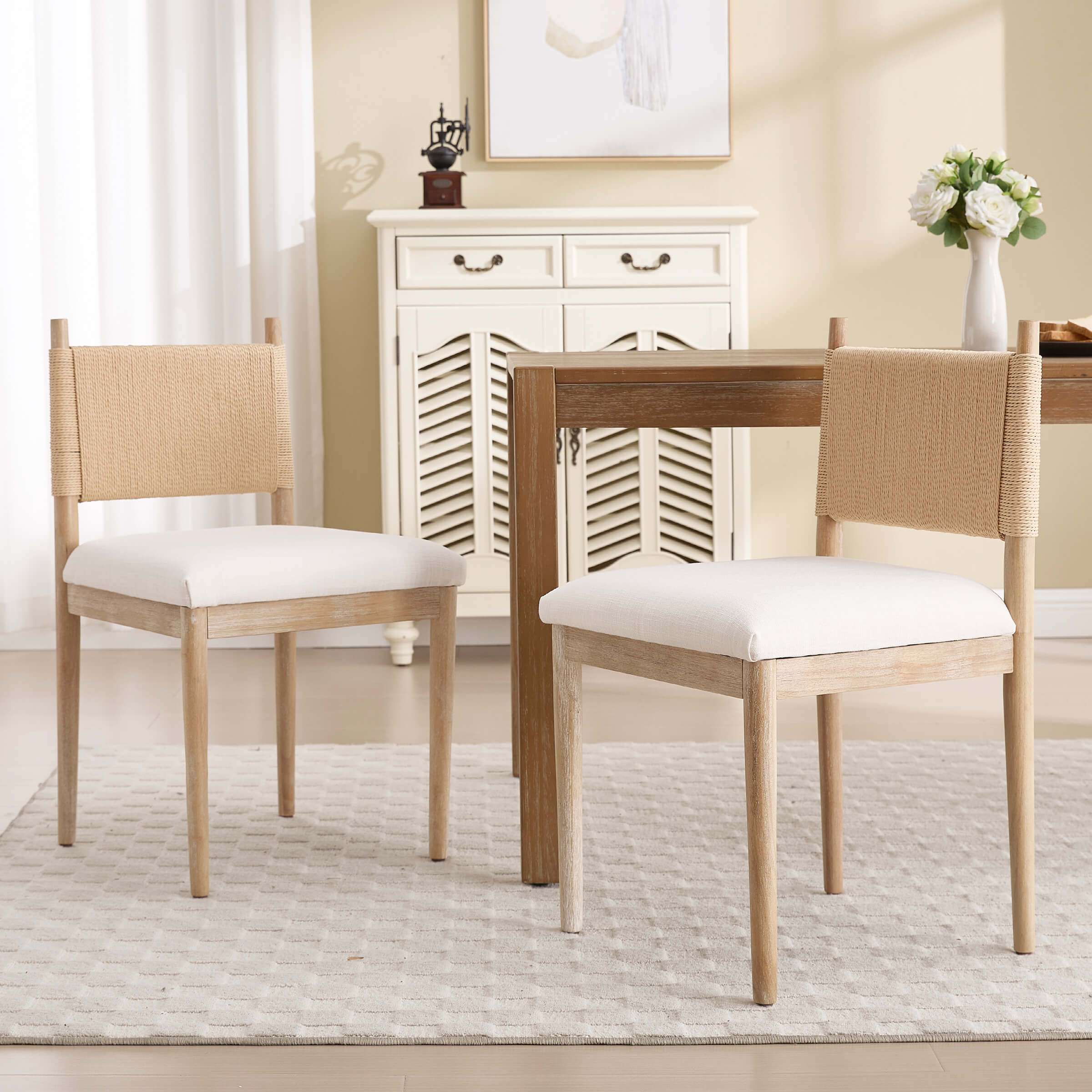 Janoray Rope Woven Back Boho Dining Chairs Set of 2 - 1021DC