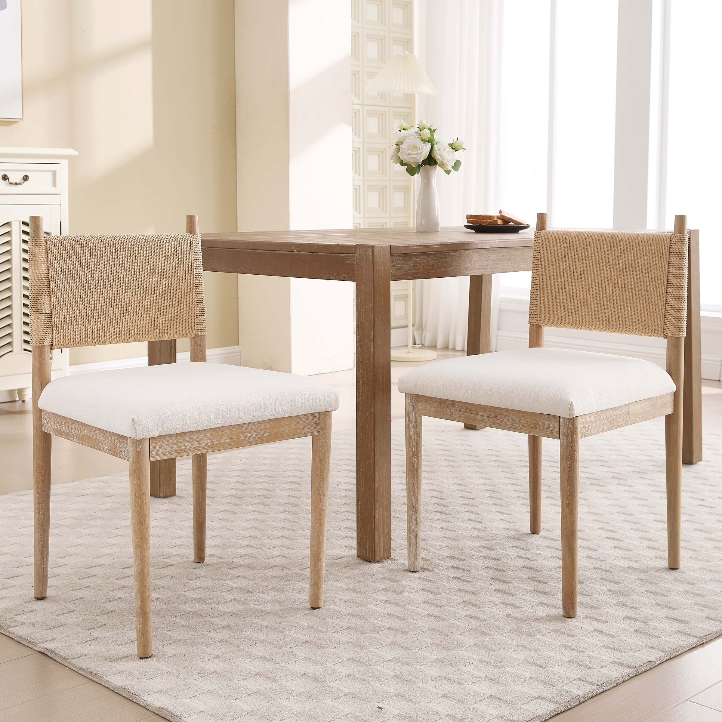Janoray Rope Woven Back Boho Dining Chairs Set of 2 - 1021DC