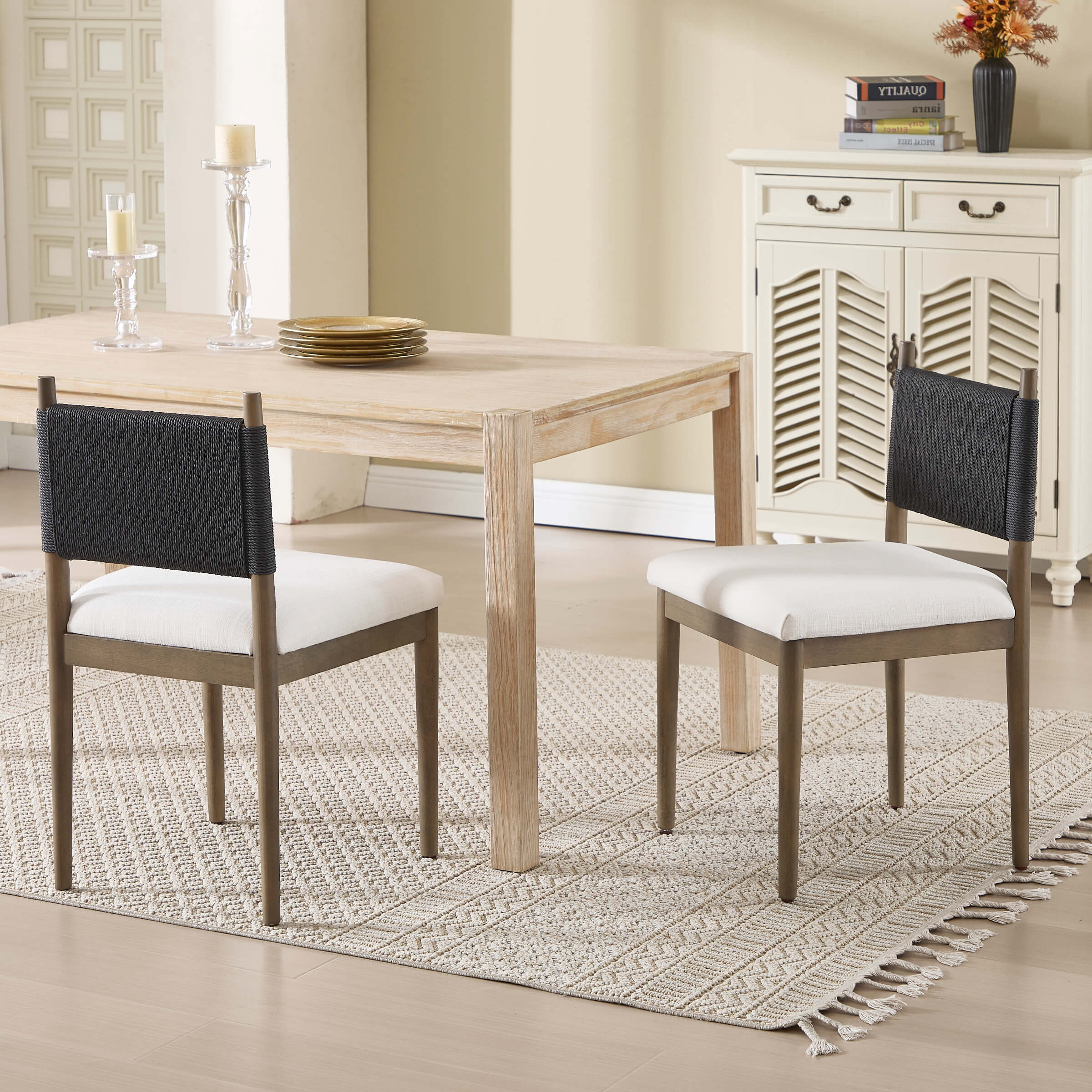 Janoray Rope Woven Back Boho Dining Chairs Set of 2 - 1021DC