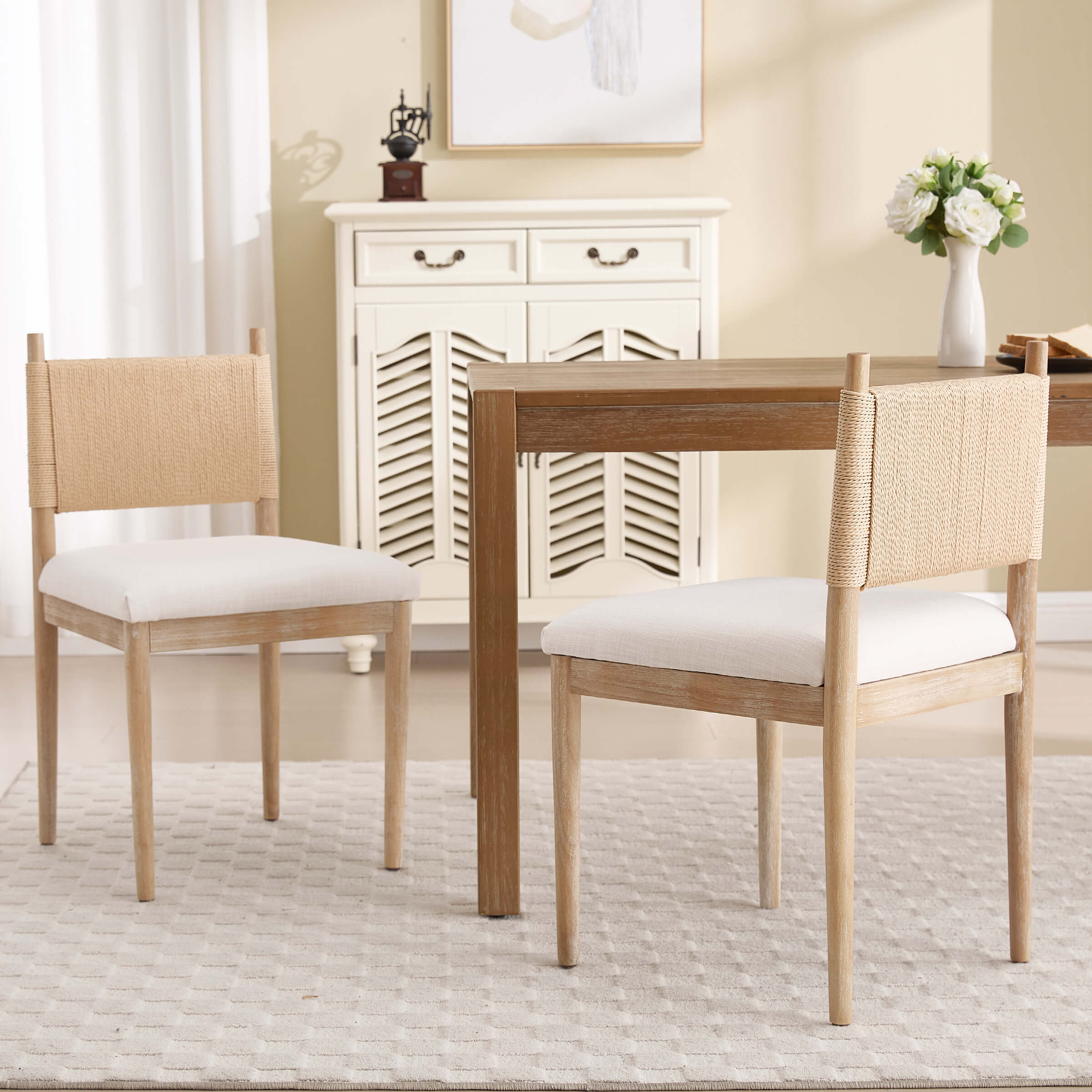 Janoray Rope Woven Back Boho Dining Chairs Set of 2 - 1021DC