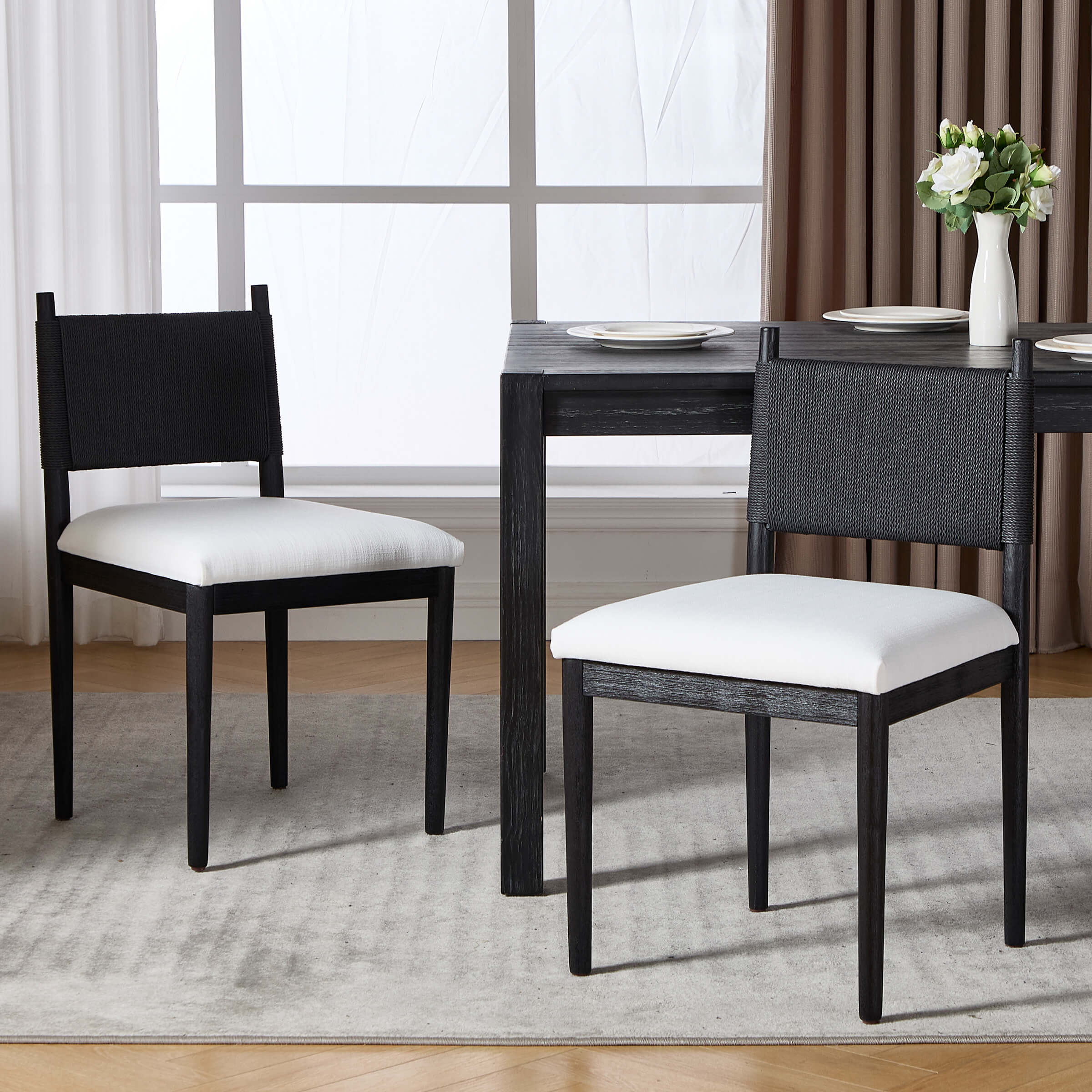 Janoray Rope Woven Back Boho Dining Chairs Set of 2 - 1021DC