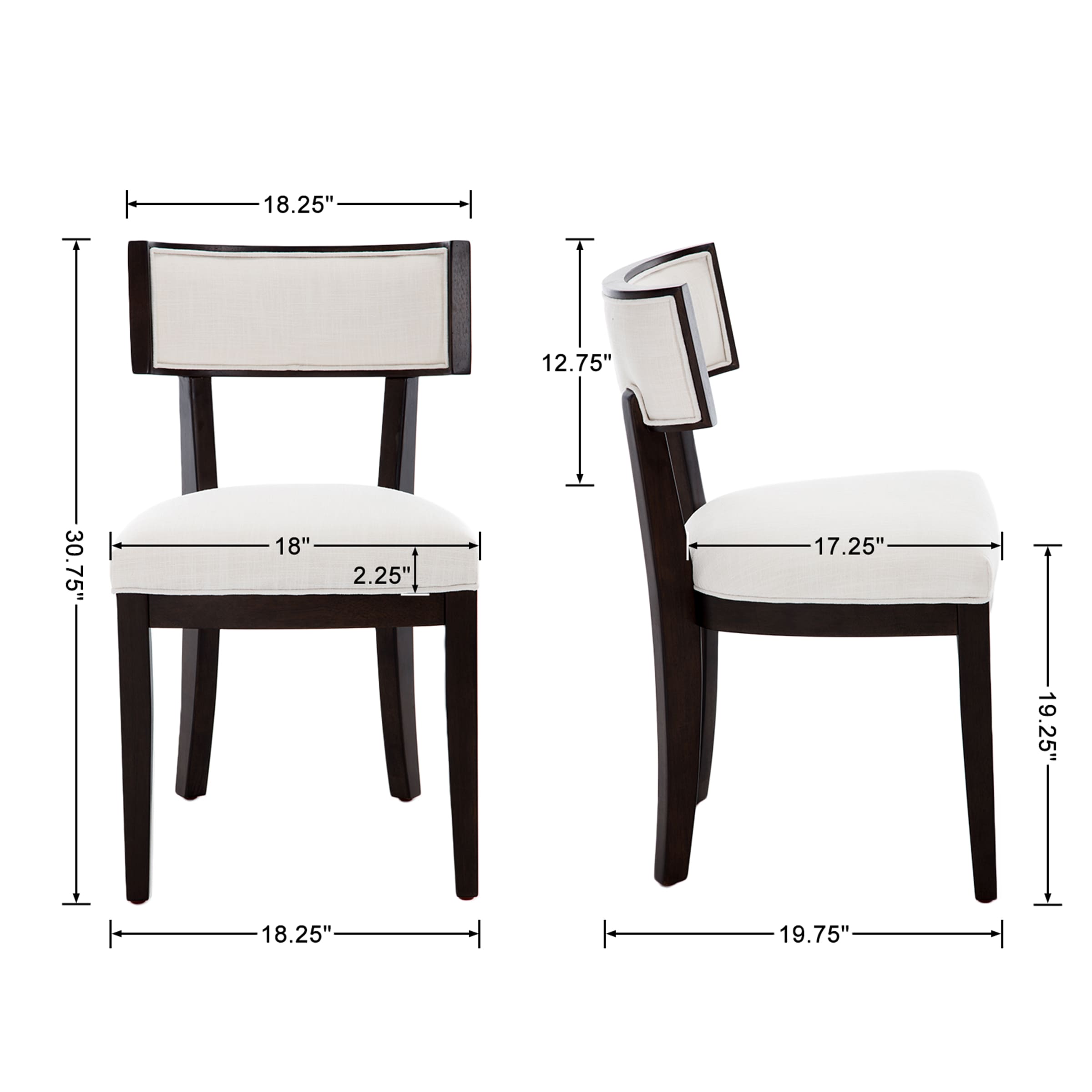 Illustrated dimensions of dining chair from front and side views