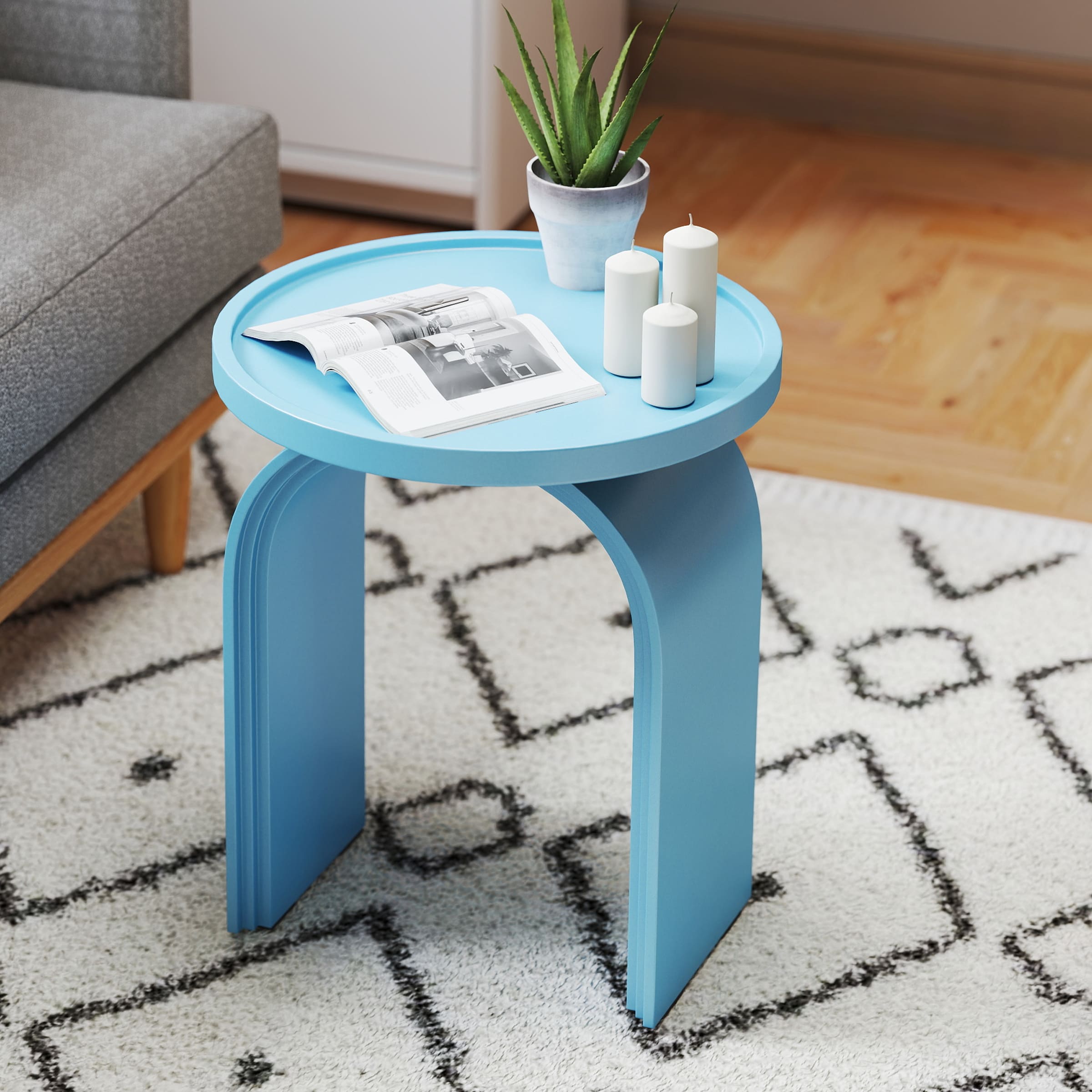 Blue round table with accessories
