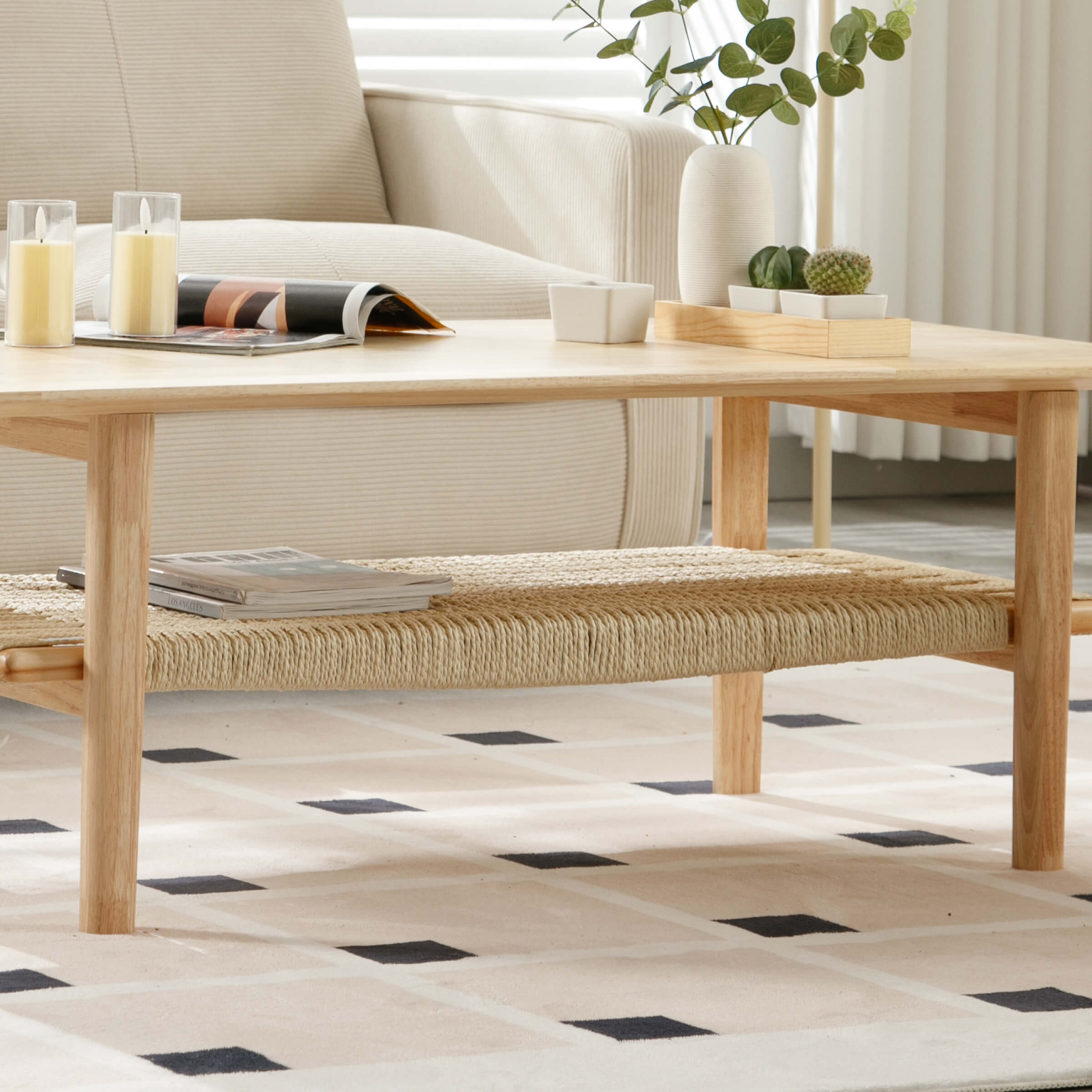 2-Tier Coffee Table with Natural Rattan Storage Shelf - 21793CT