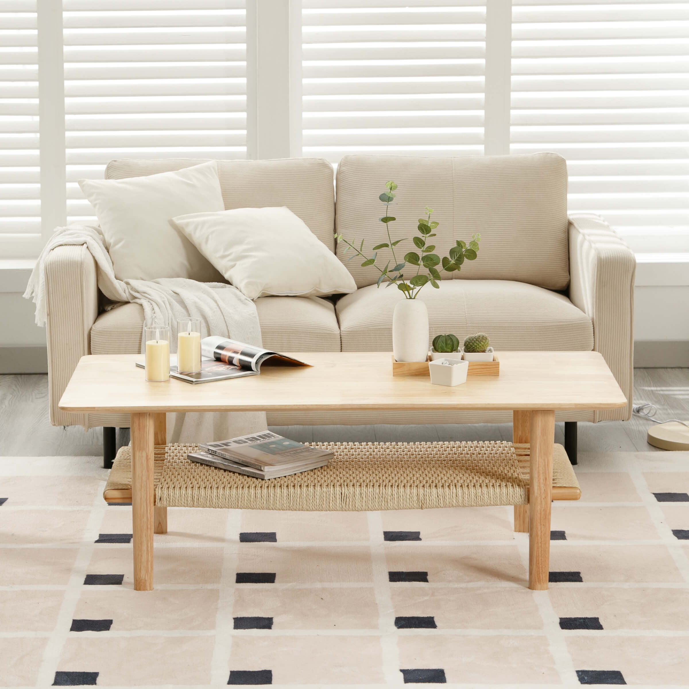 Kmax 2-Tier Coffee Table with Natural Rattan Storage Shelf - 21793CT