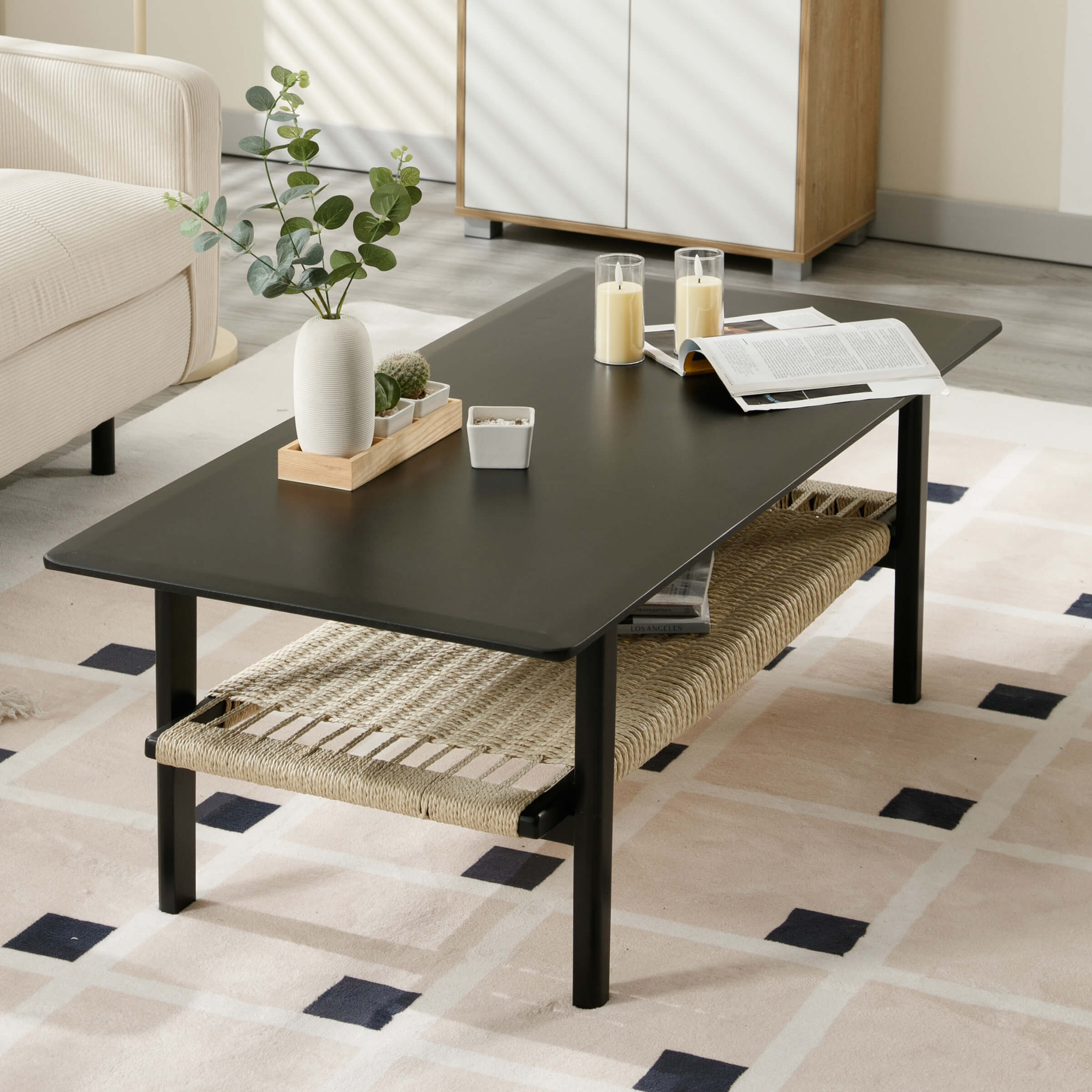 2-Tier Coffee Table with Natural Rattan Storage Shelf - 21793CT