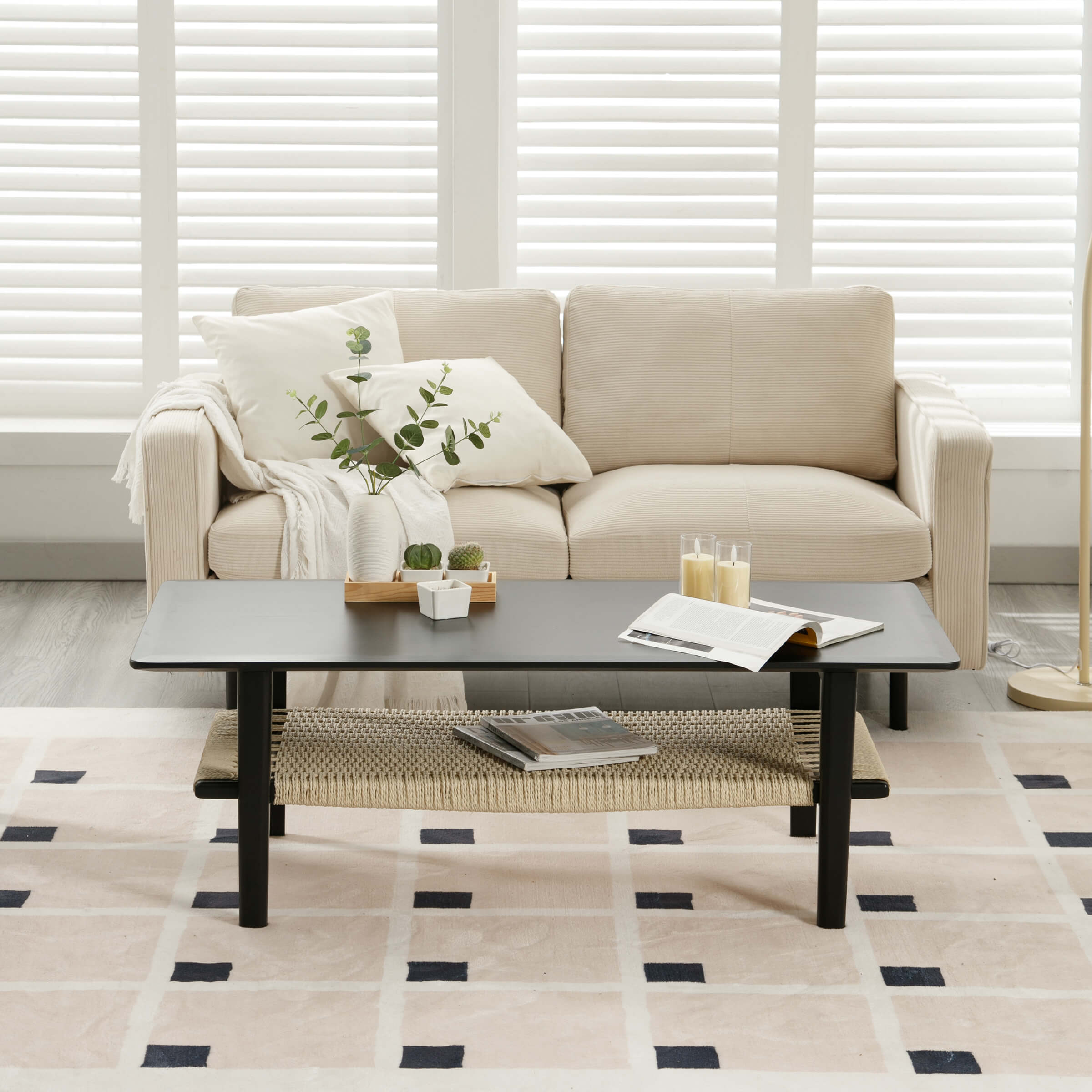 2-Tier Coffee Table with Natural Rattan Storage Shelf - 21793CT