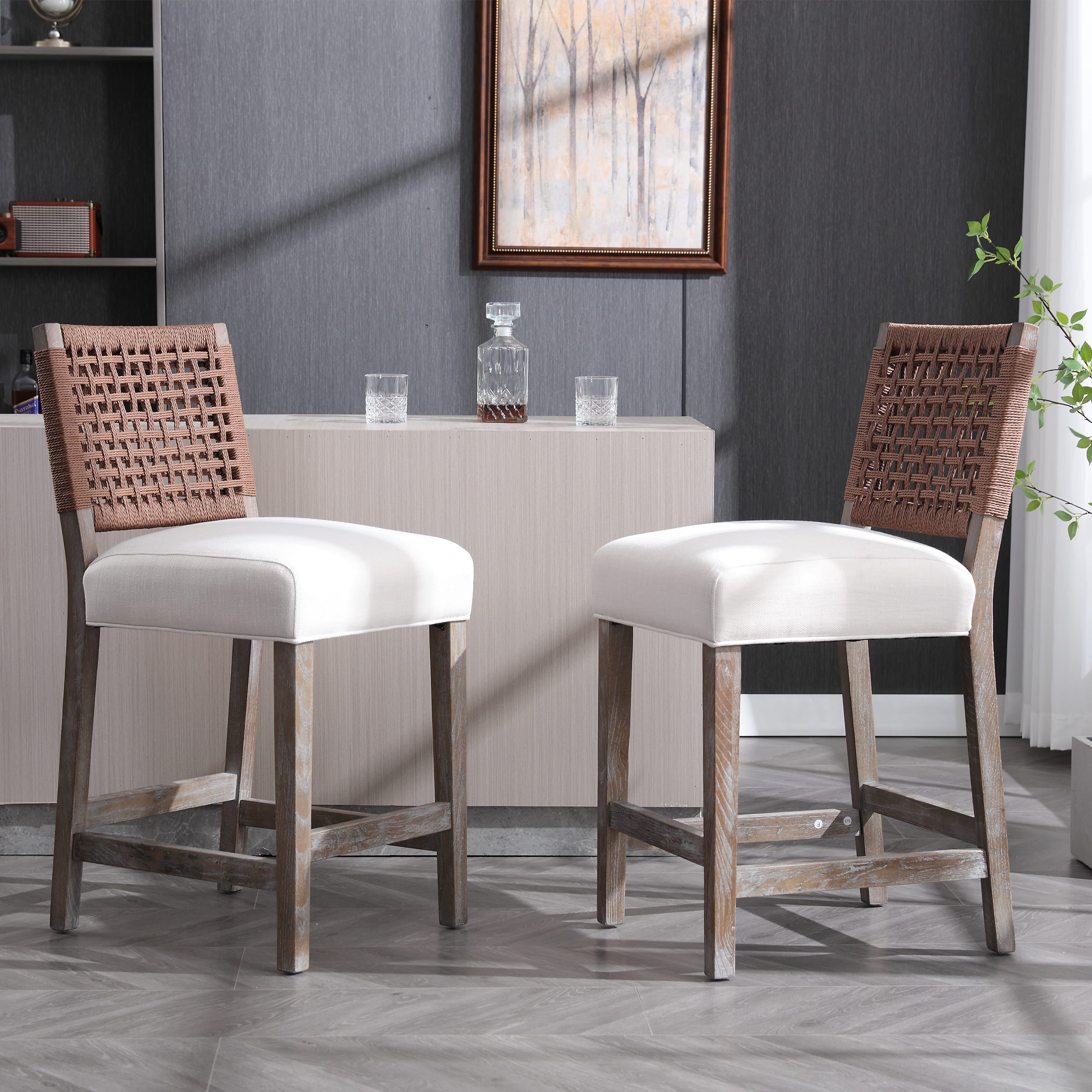 Kmax 27"H Farmhouse Woven Backrest Counter Stools Set of 2 - 2227CS
