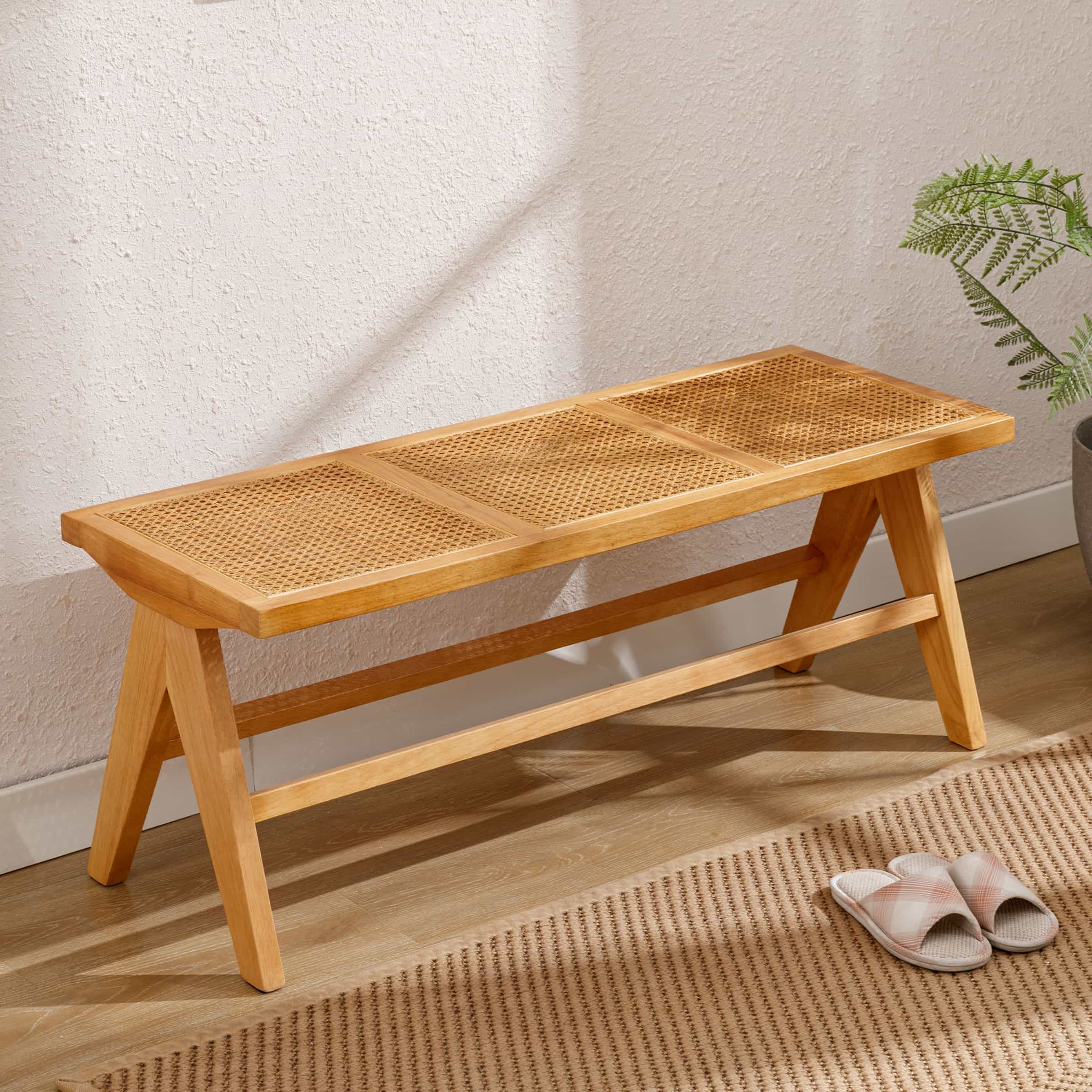 Kmax 42 Inch Farmhouse Wood Dining Bench Woven Cane Entryway Bench