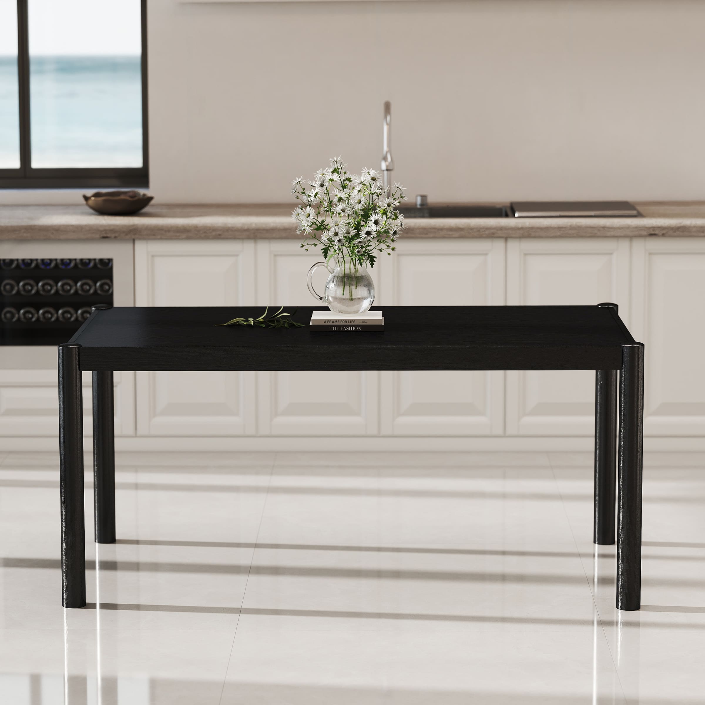 Black dining table with vase