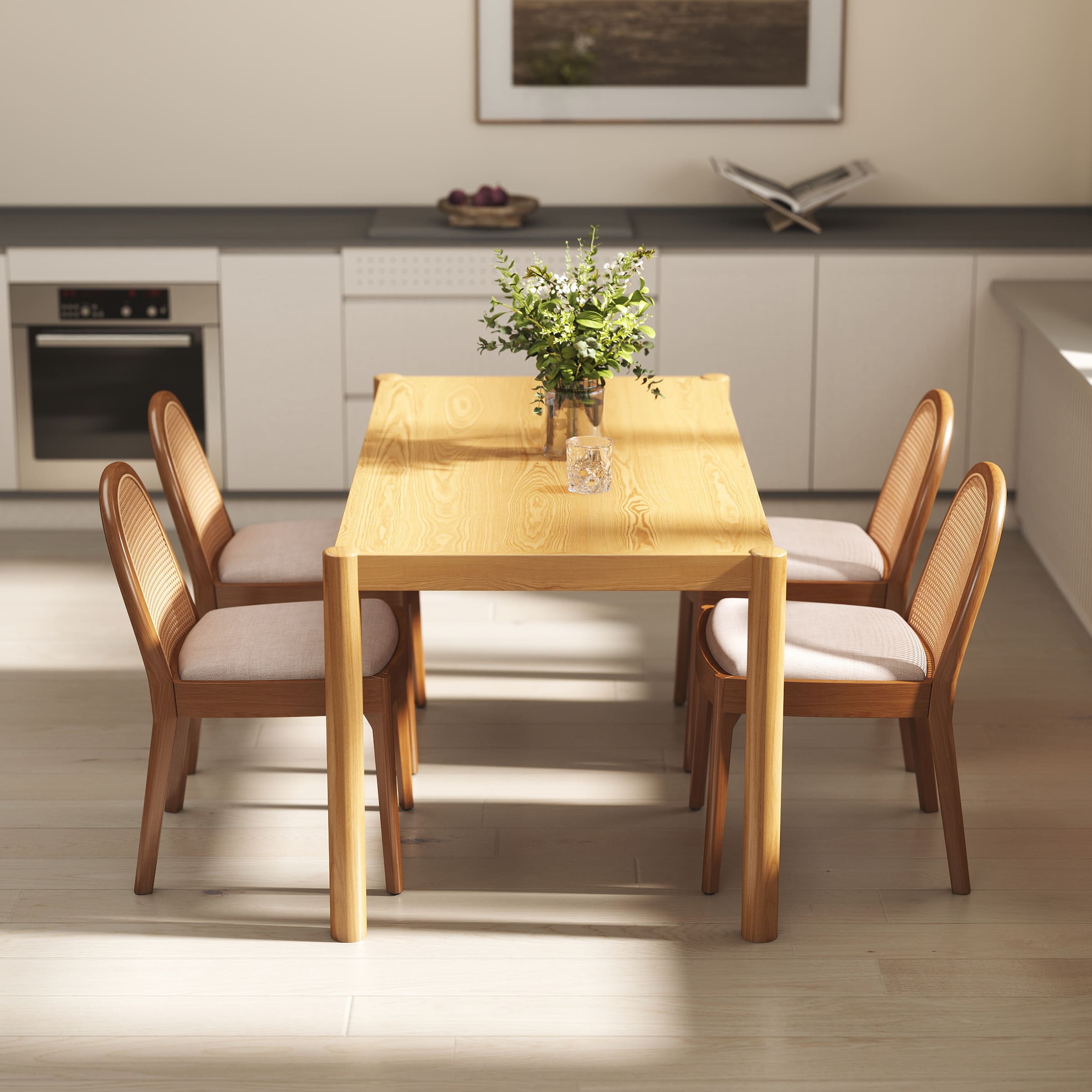 Wood dining table with chairs around in kitchen