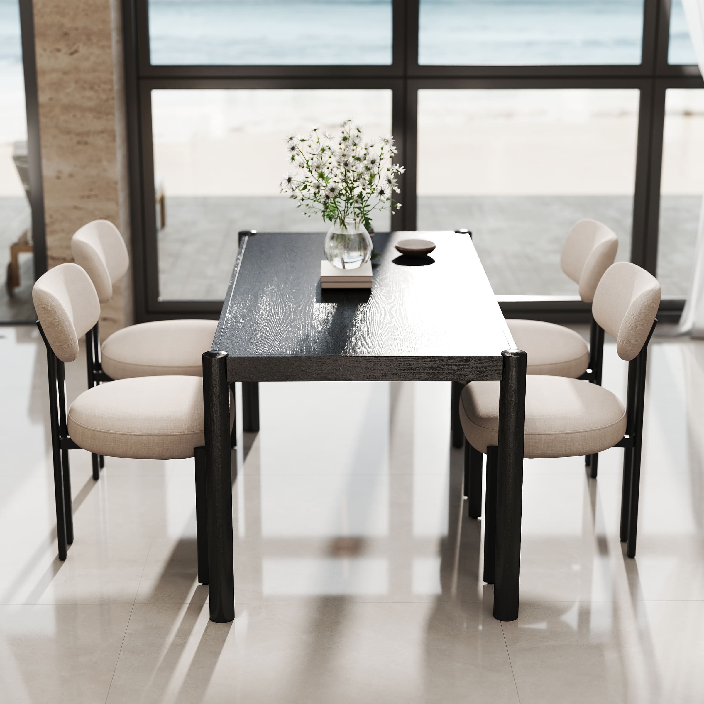 Black dining table with chairs, overhead