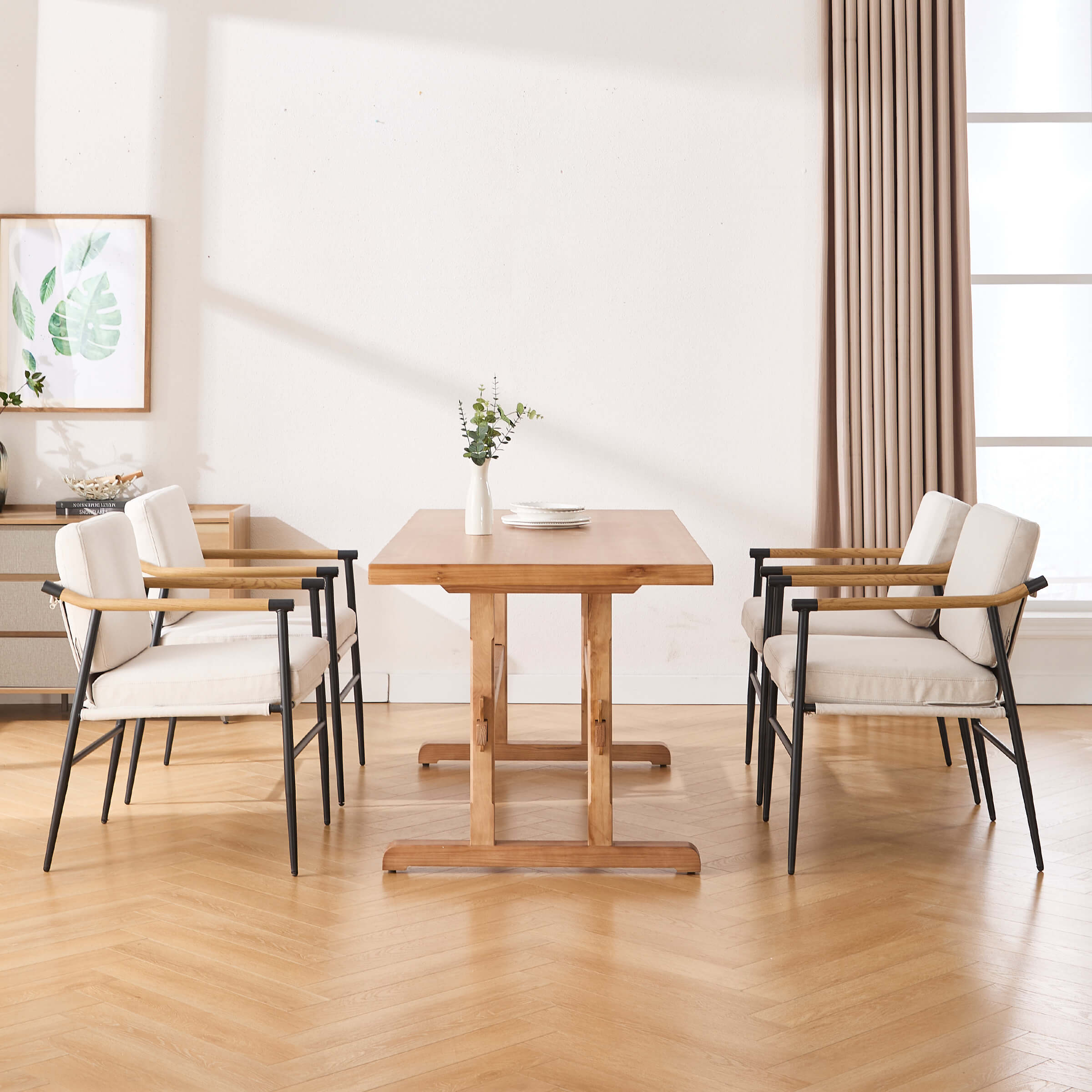 Close-up of dining table with single vase on top