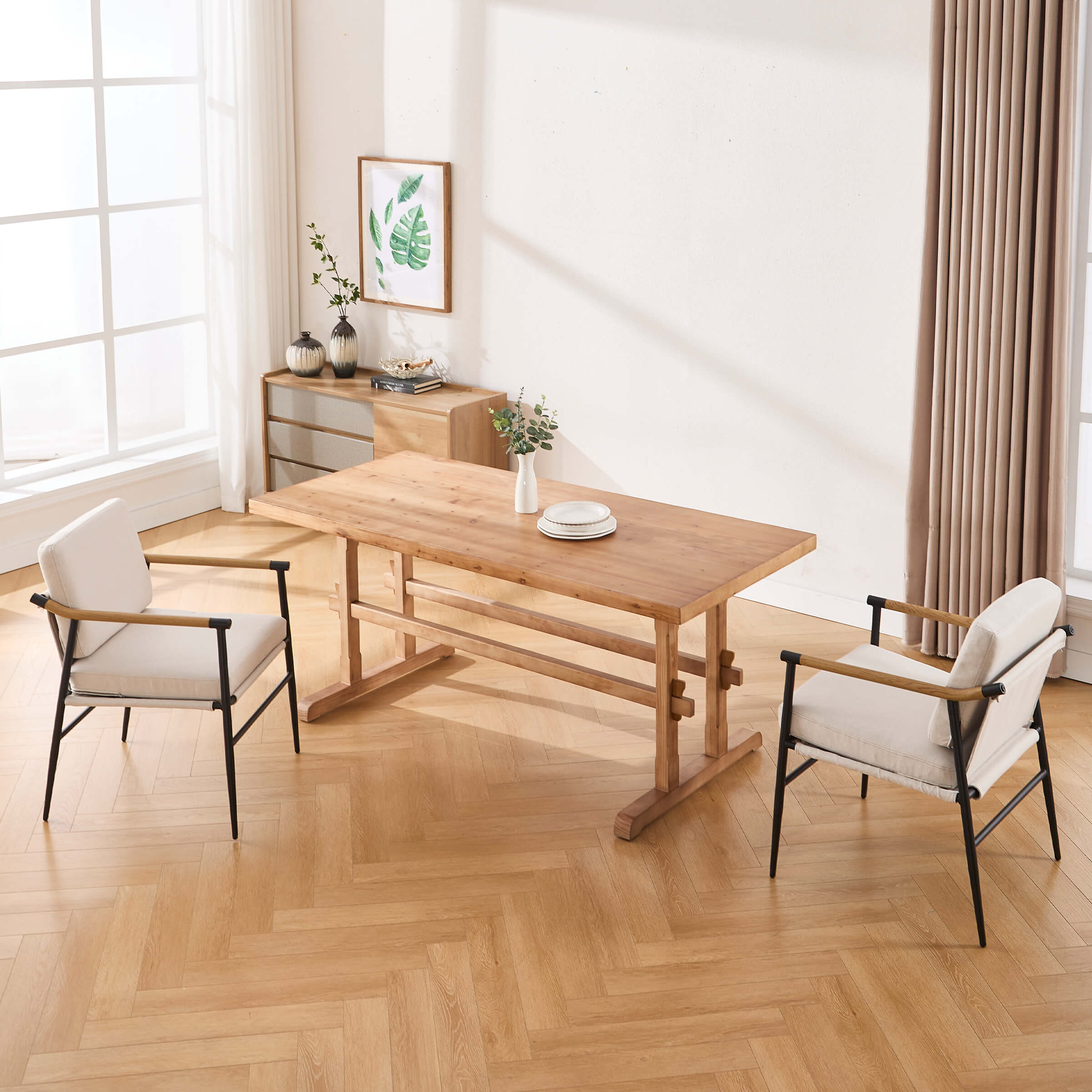 Dining table styled with chairs in a living room