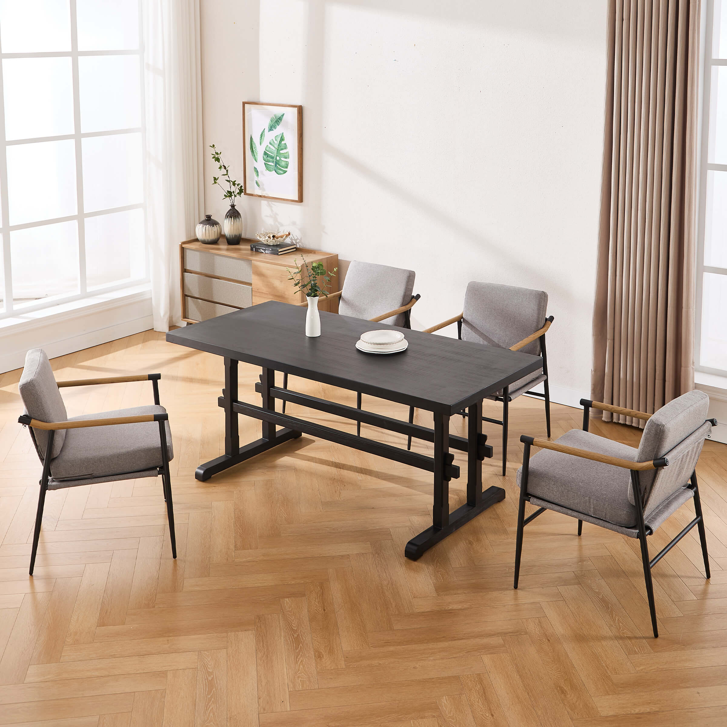 Table with four chairs foreground and dresser in background