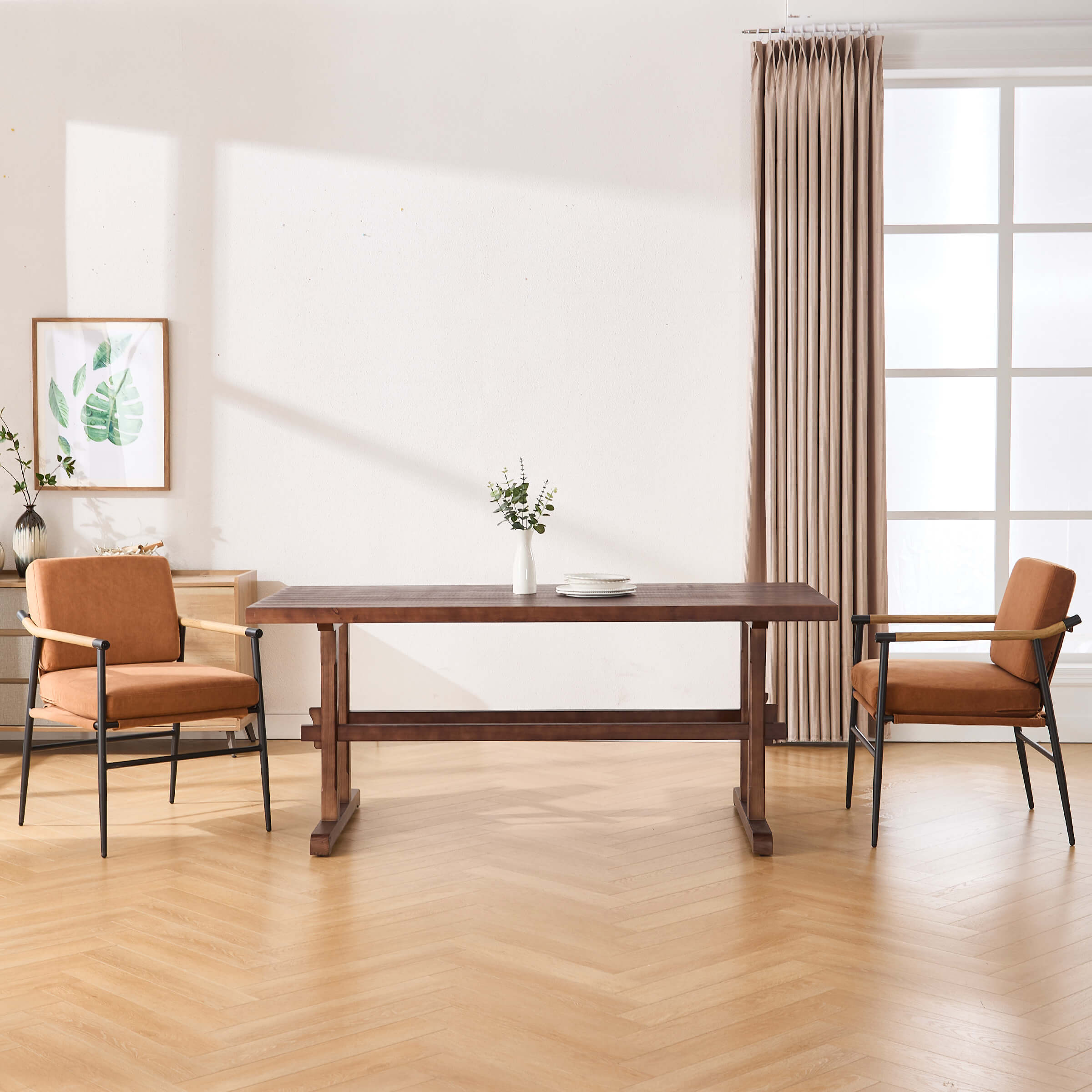 Two-tone dining area with tan chairs around long table