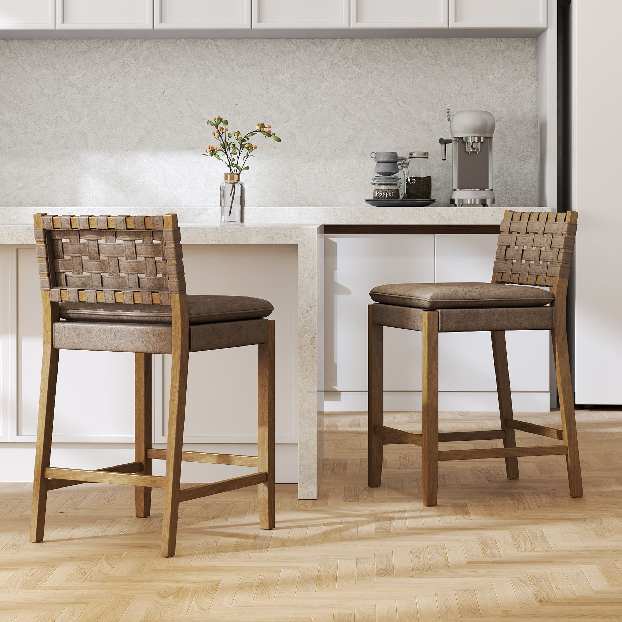 Kmax Mid Century Leather Rattan Bar Stools Set of 2 - 50080CS