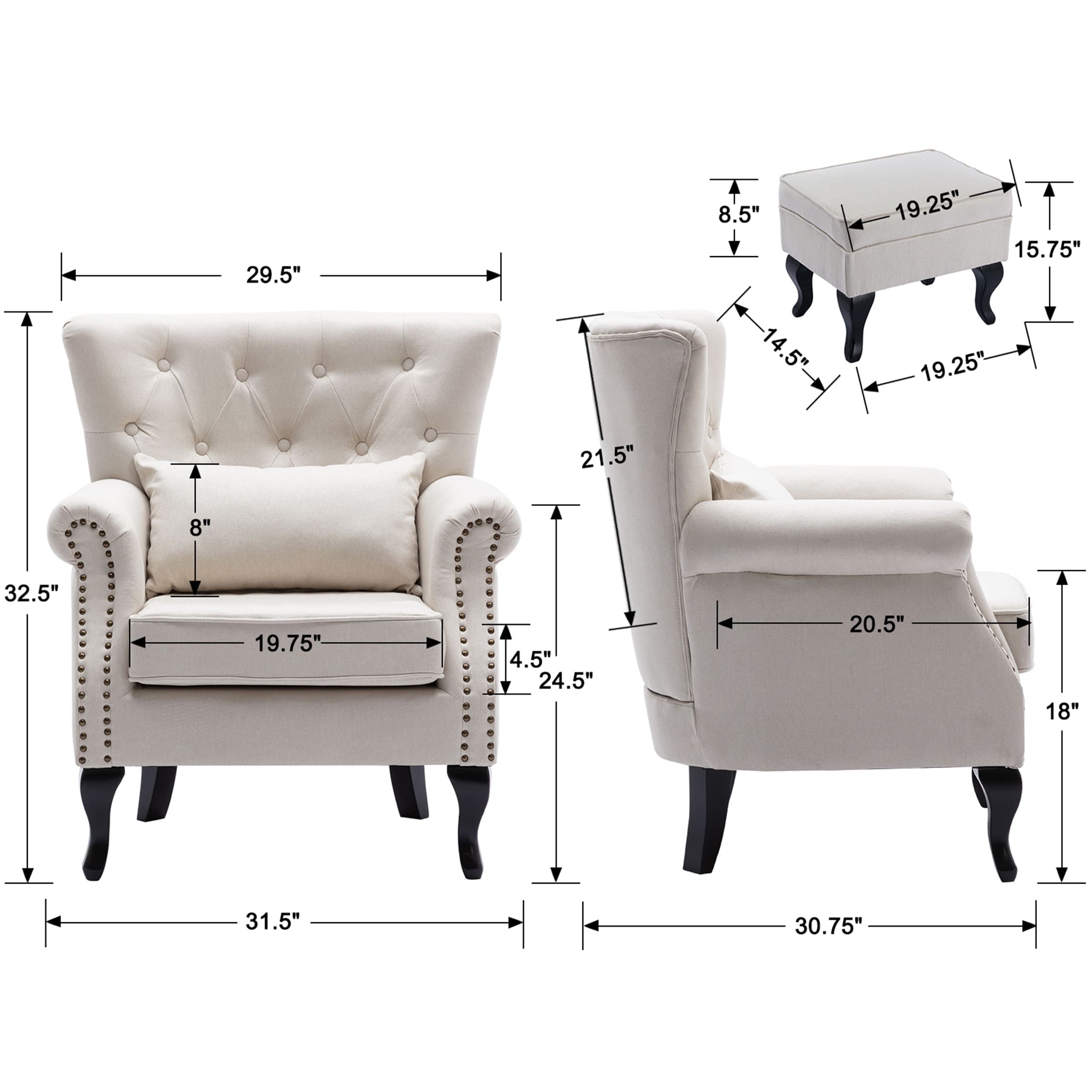 Kmax Mid Century Wingback Tufted Chair with Ottoman - XXX1AC
