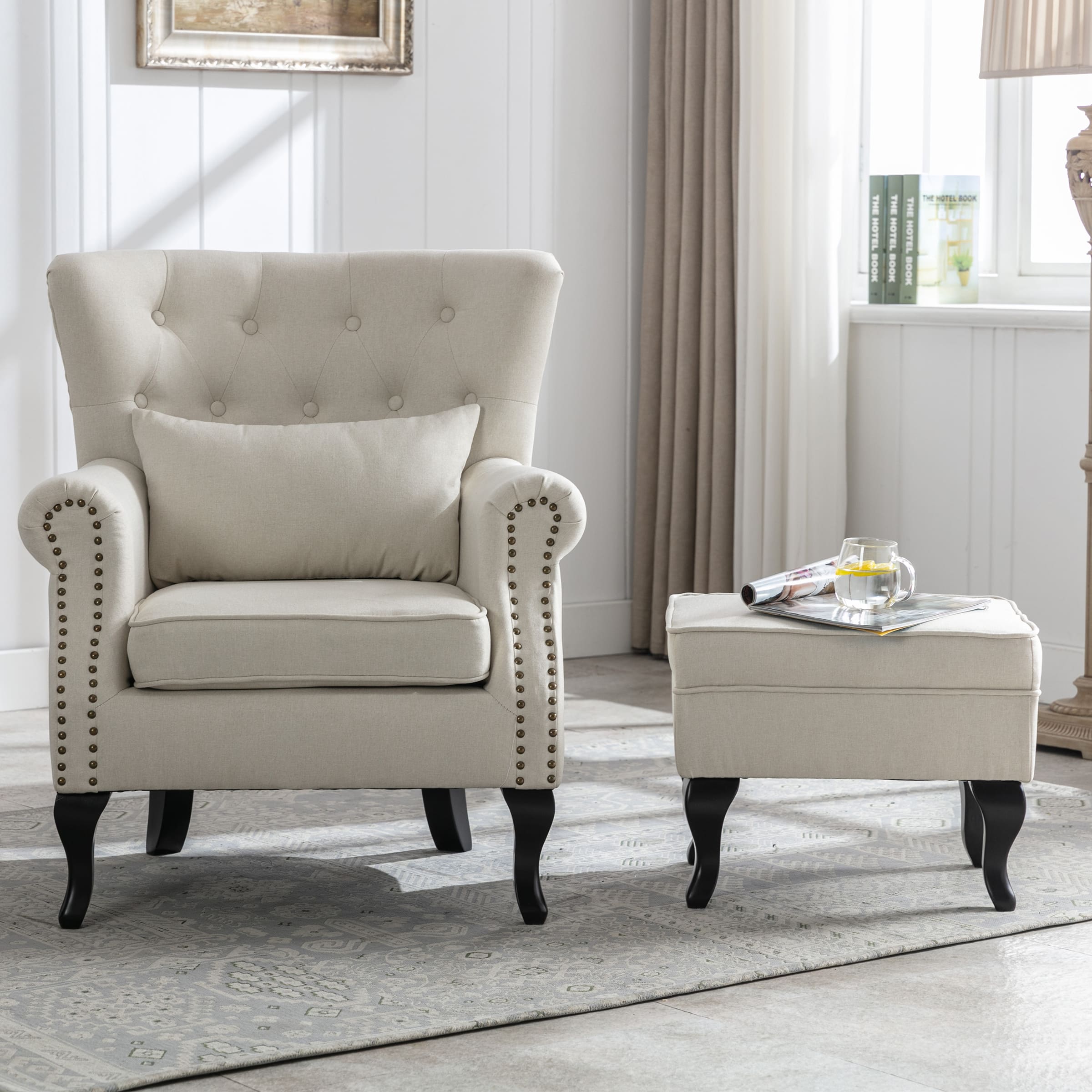 Kmax Mid Century Wingback Tufted Chair with Ottoman - XXX1AC