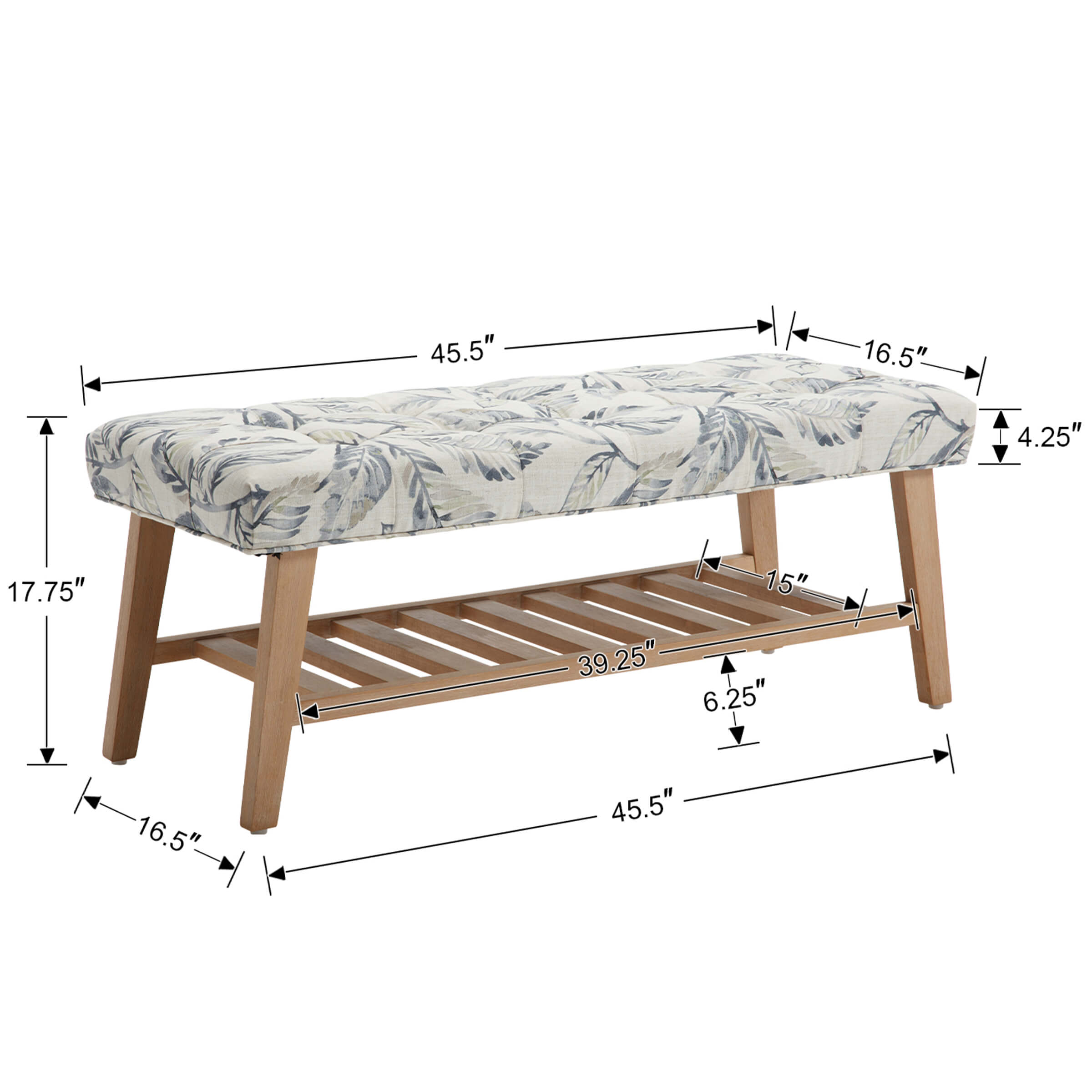 Product dimensional diagram of storage bench with measurements