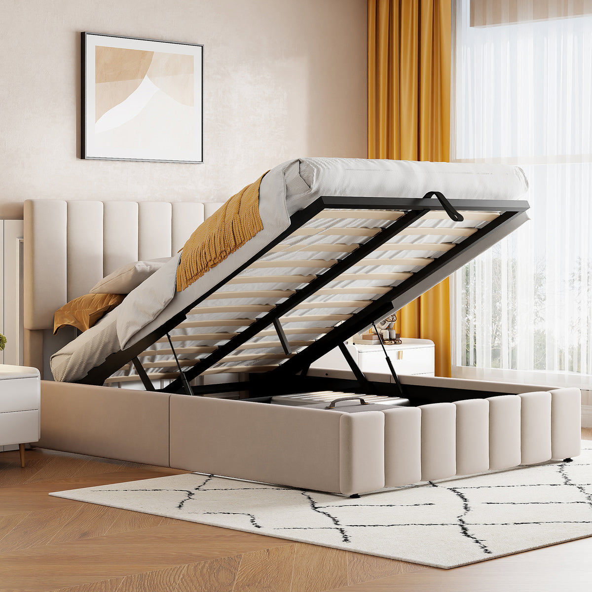 Linen Upholstered Platform Bed with Hydraulic Storage System