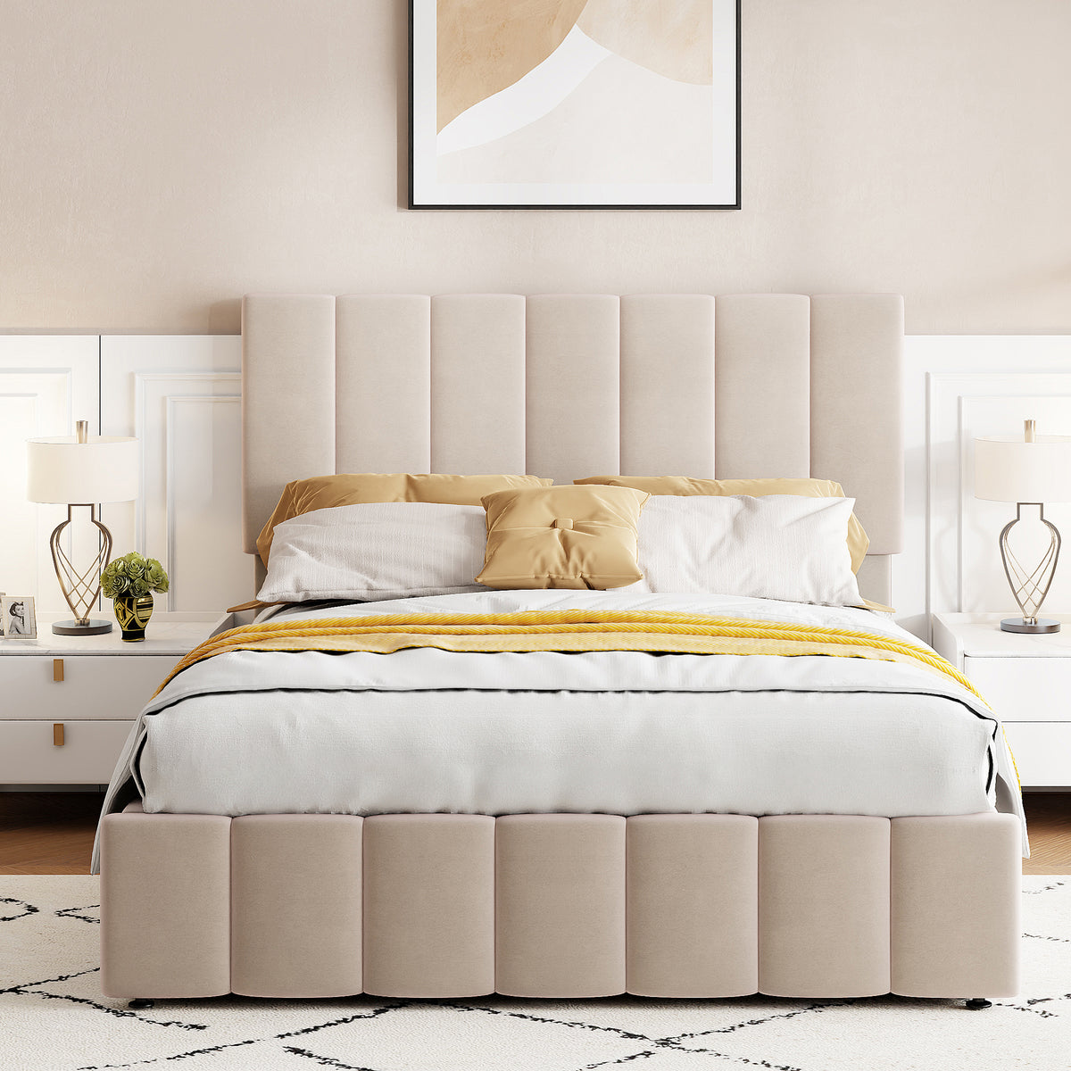 Linen Upholstered Platform Bed with Hydraulic Storage System