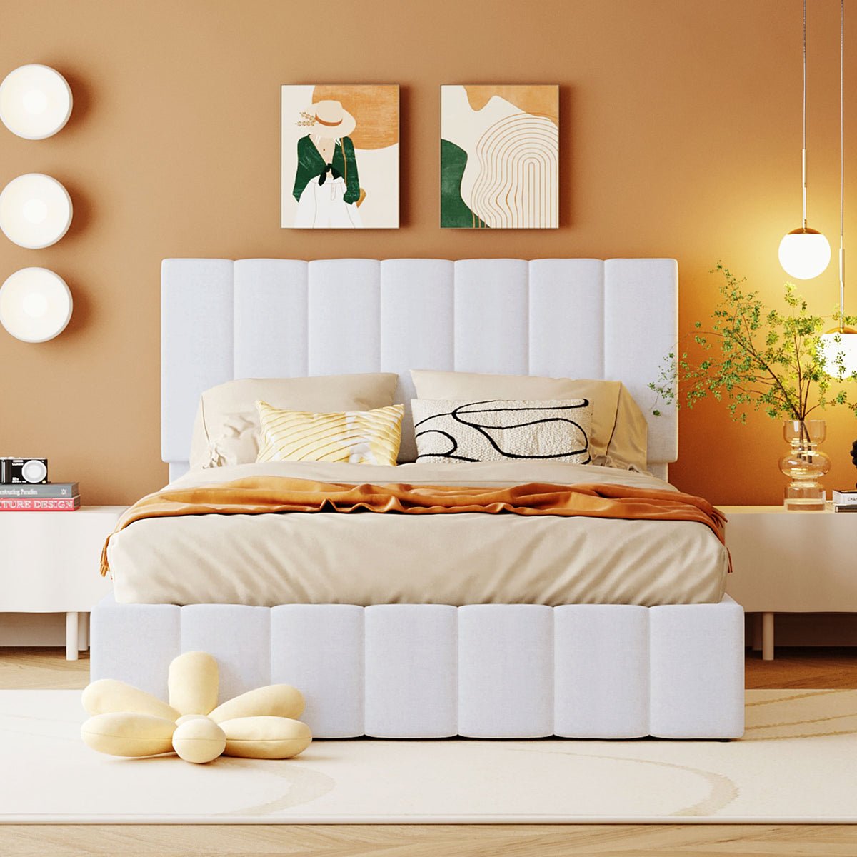 Linen Upholstered Platform Bed with Hydraulic Storage System