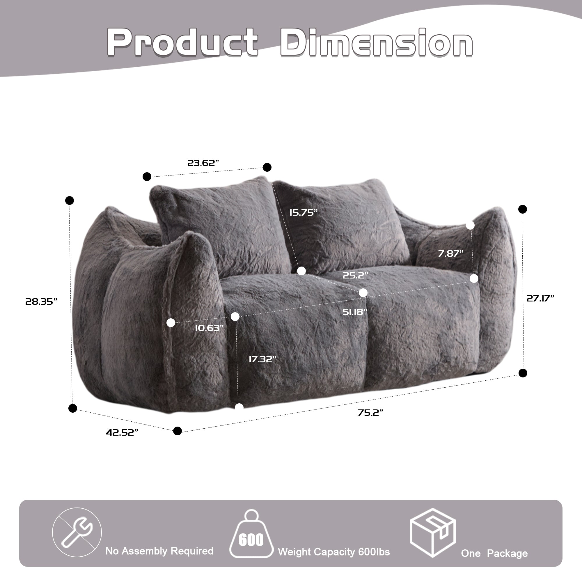 Giant 75" Faux Fur Bean Bag Couch 2 Seater Loveseat Sofa
