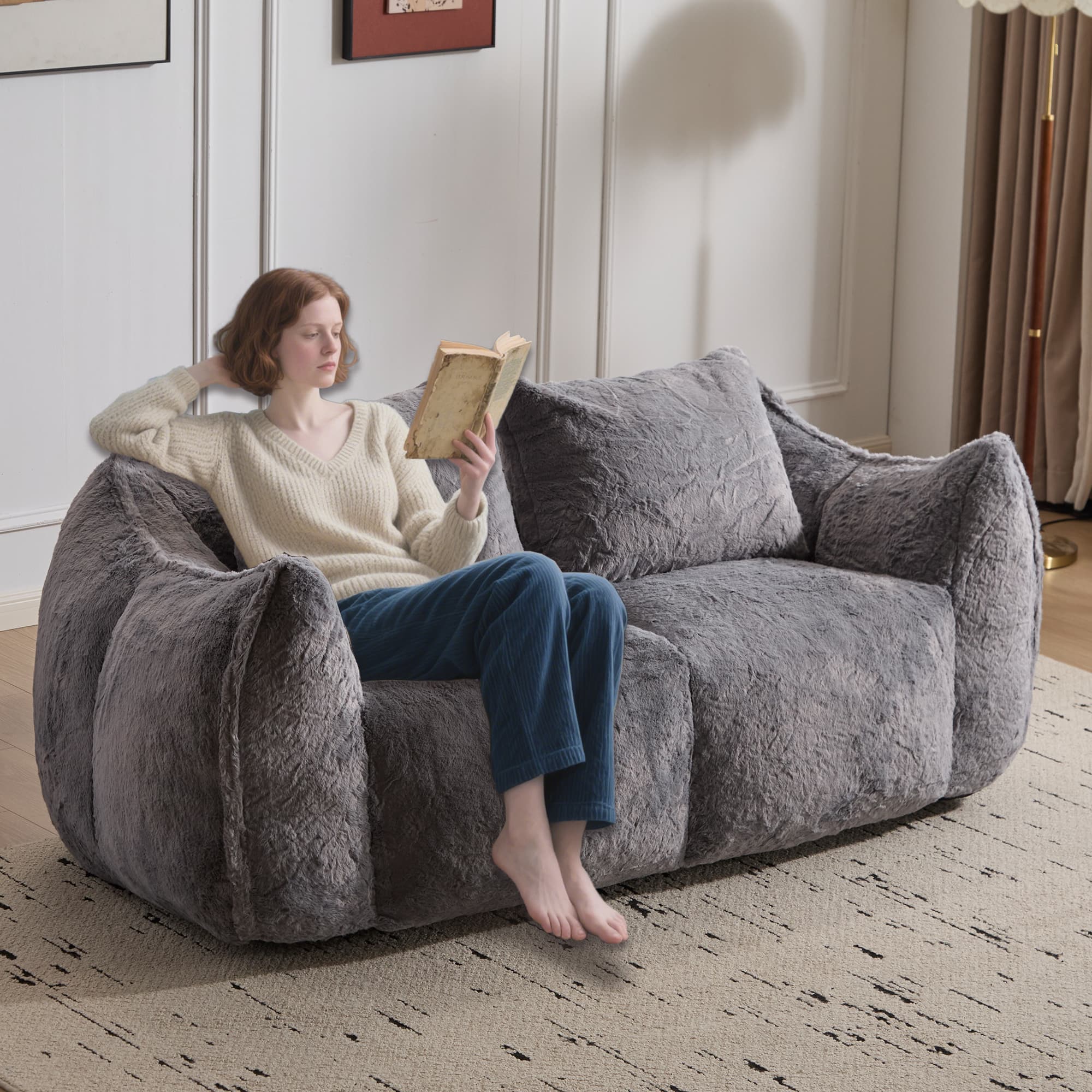 Giant 75" Faux Fur Bean Bag Couch 2 Seater Loveseat Sofa