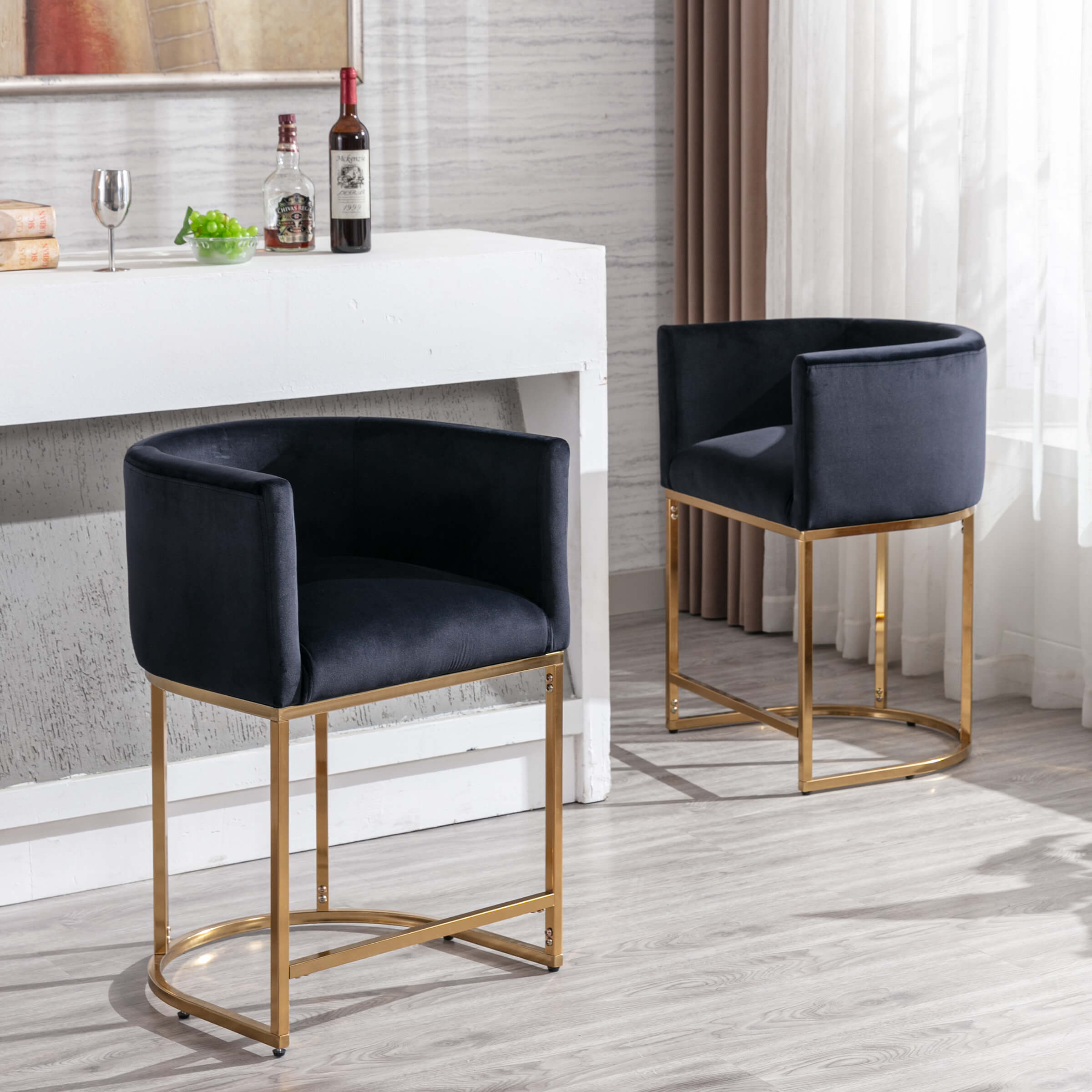 Two navy chairs with gold frames