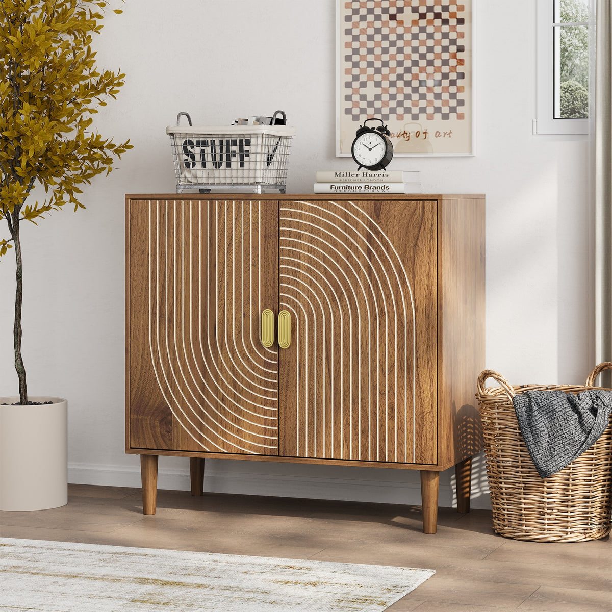 Mid-Century Modern Arch Grooved Sideboard with Adjustable Shelves