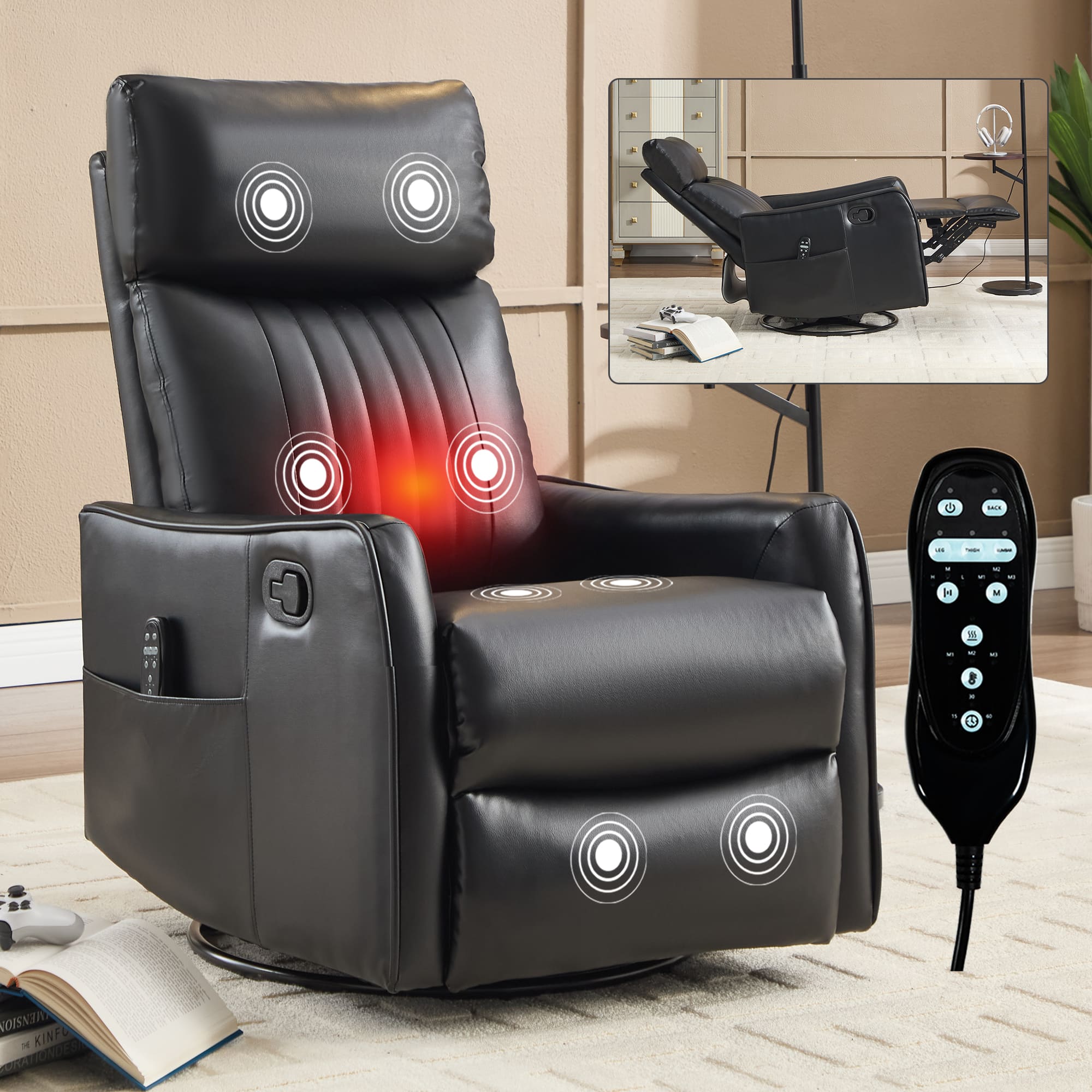 oates manual swivel massage recliner chair with heat and vibration Black Faux Leather Heat Massage Manual Recliner Chair with Rocker and Swivel for Living Room