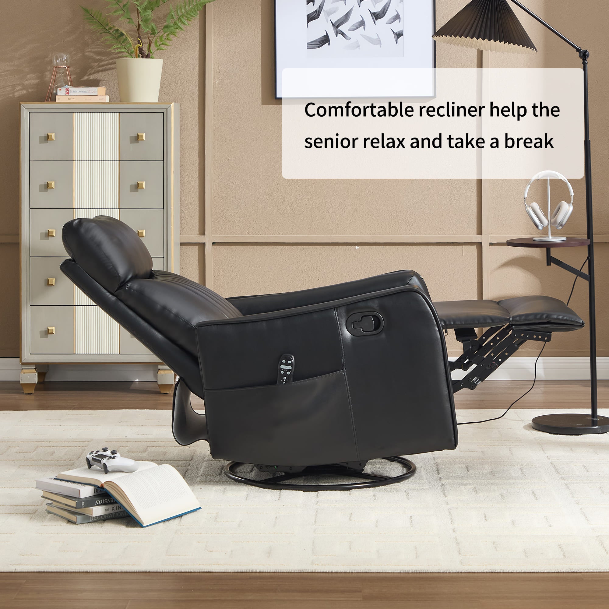 Black Faux Leather Manual Swivel Rocker Massage Heat Recliner Chair